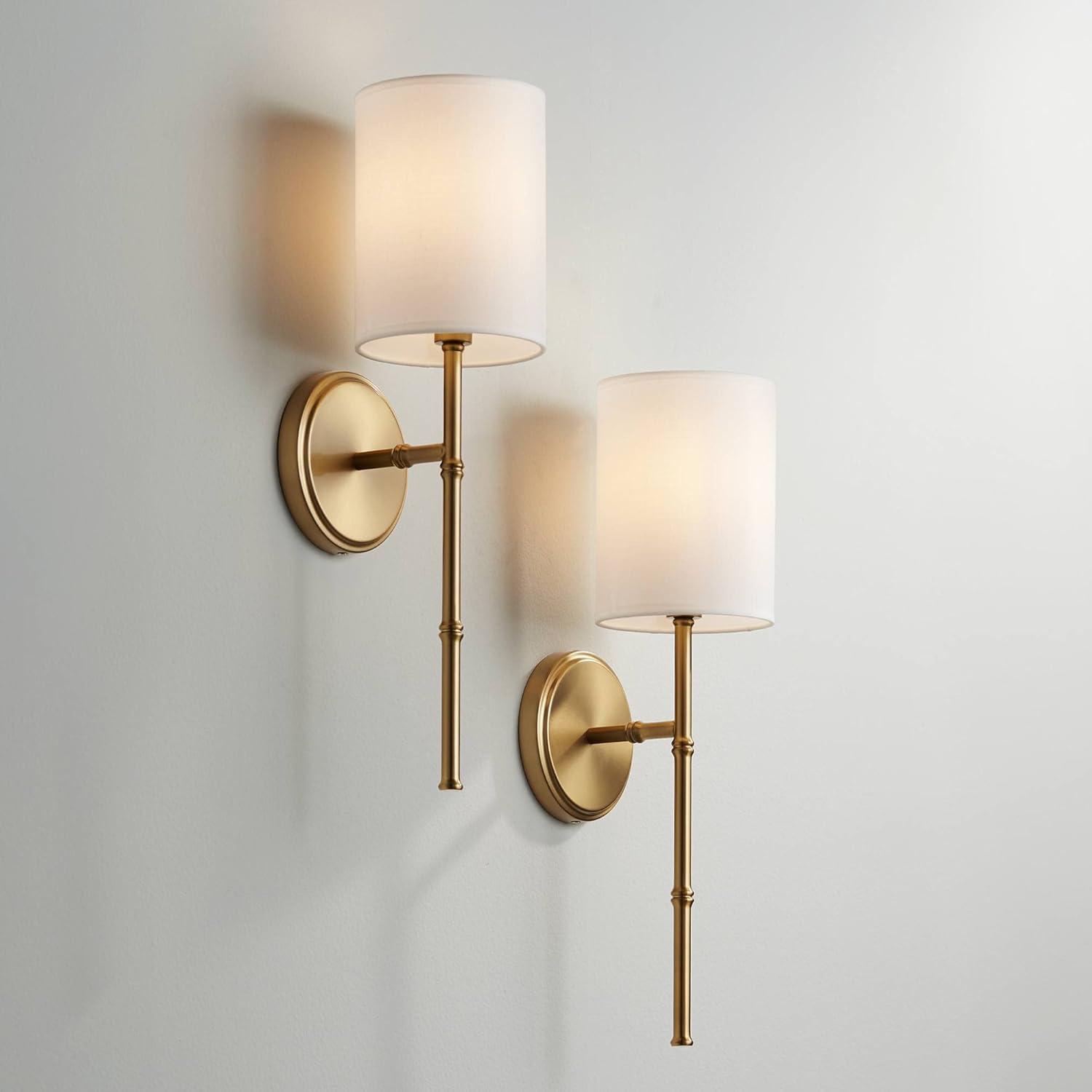 Regency Hill Abigale Modern Wall Light Sconces Set of 2 Brass Hardwire 5" Fixture White Fabric Shade for Bedroom Reading Living Room Hallway House