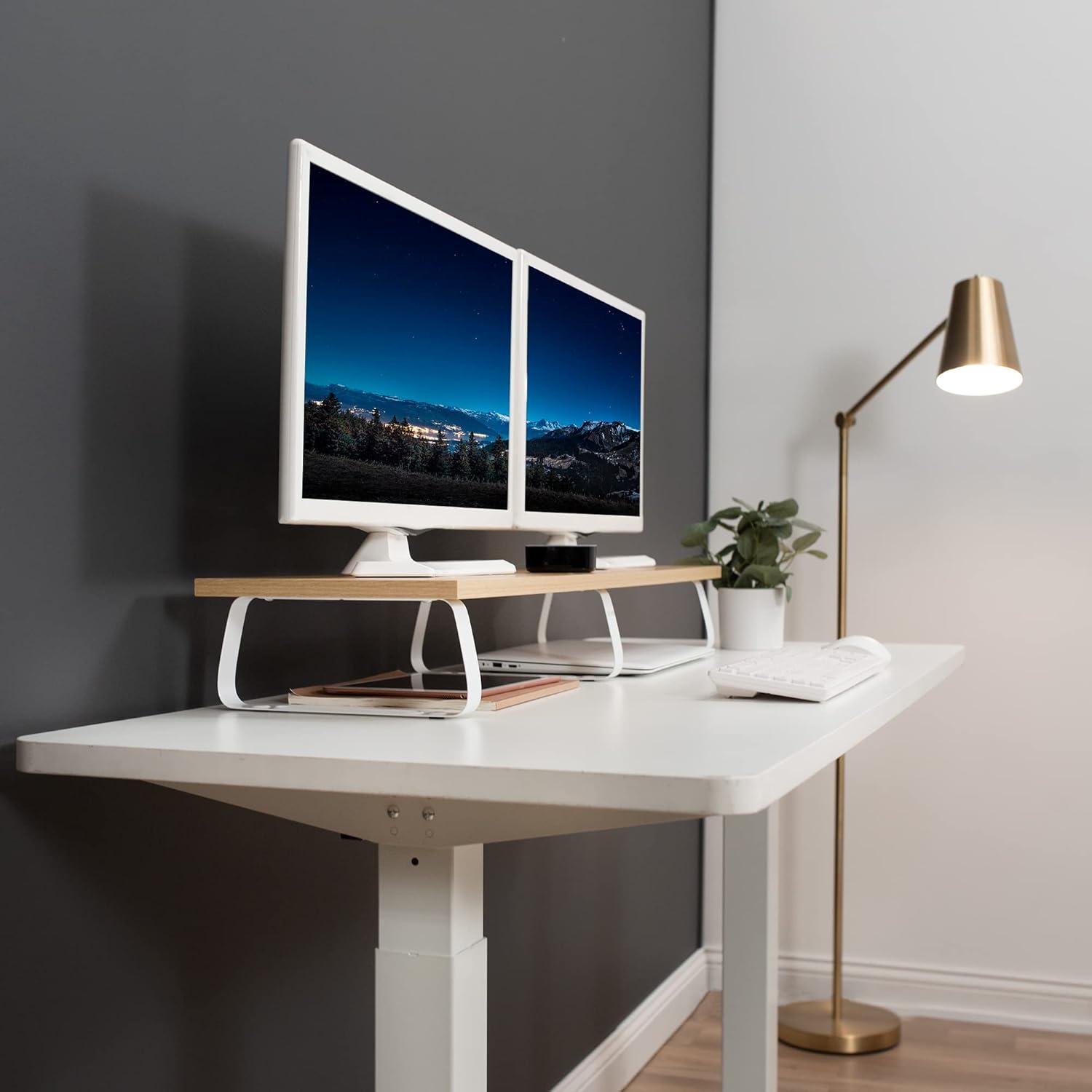 Vivo 39'' Light Wood Desktop Monitor Riser with White Steel Legs