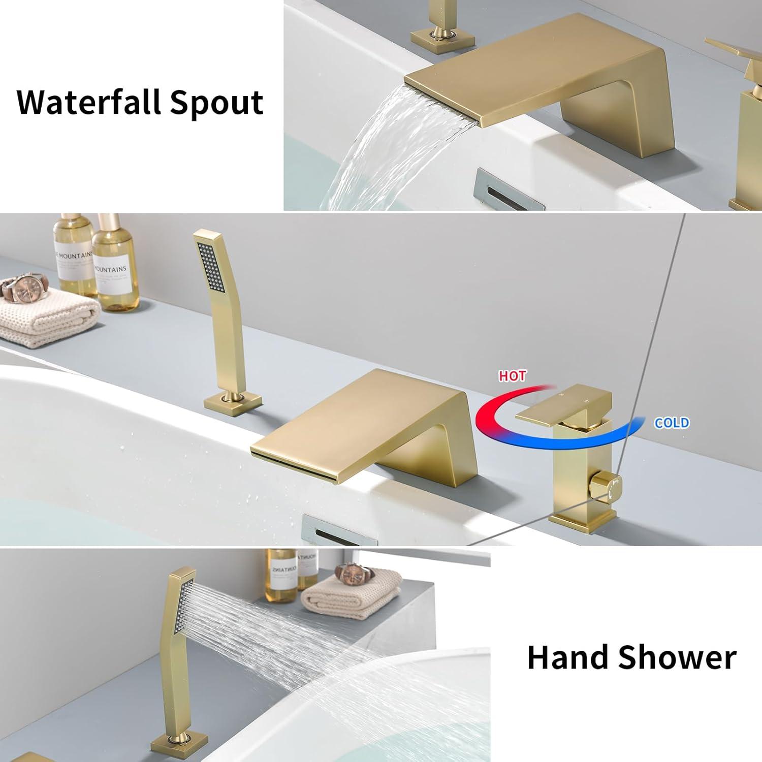 Brushed Gold Single Handle Waterfall Tub Faucet with Hand Shower