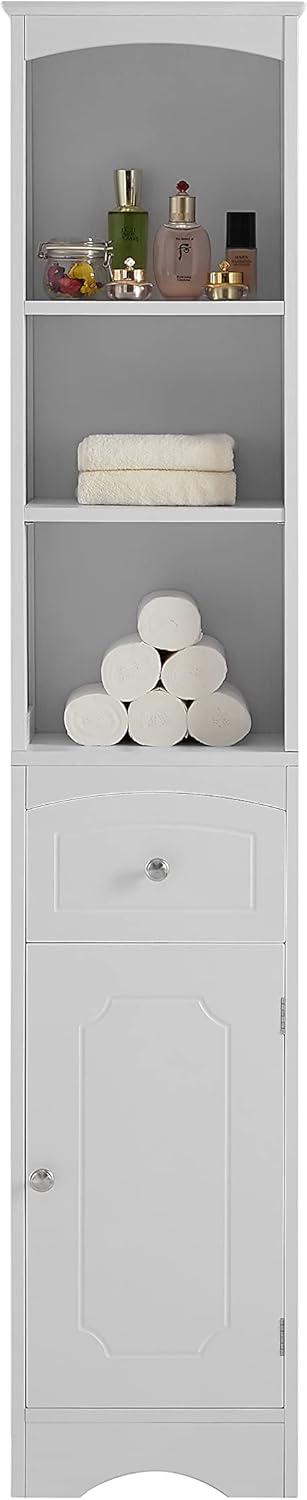 Tall White MDF Living Room Storage Cabinet with Shelves and Drawer