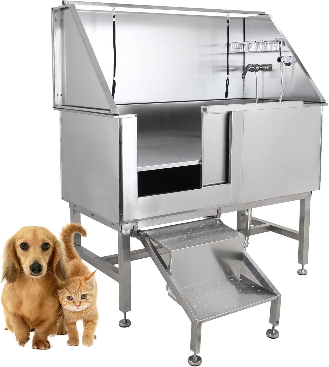 Danolapsi 50” Dog Bathing Station for Large Dogs,Professional Dog Grooming Tub,Stainless Steel Pet Grooming Tub with Ramp,Faucet,Sprayer,and Drain Kit, Left Door,Pet Dog Washing Station for Home