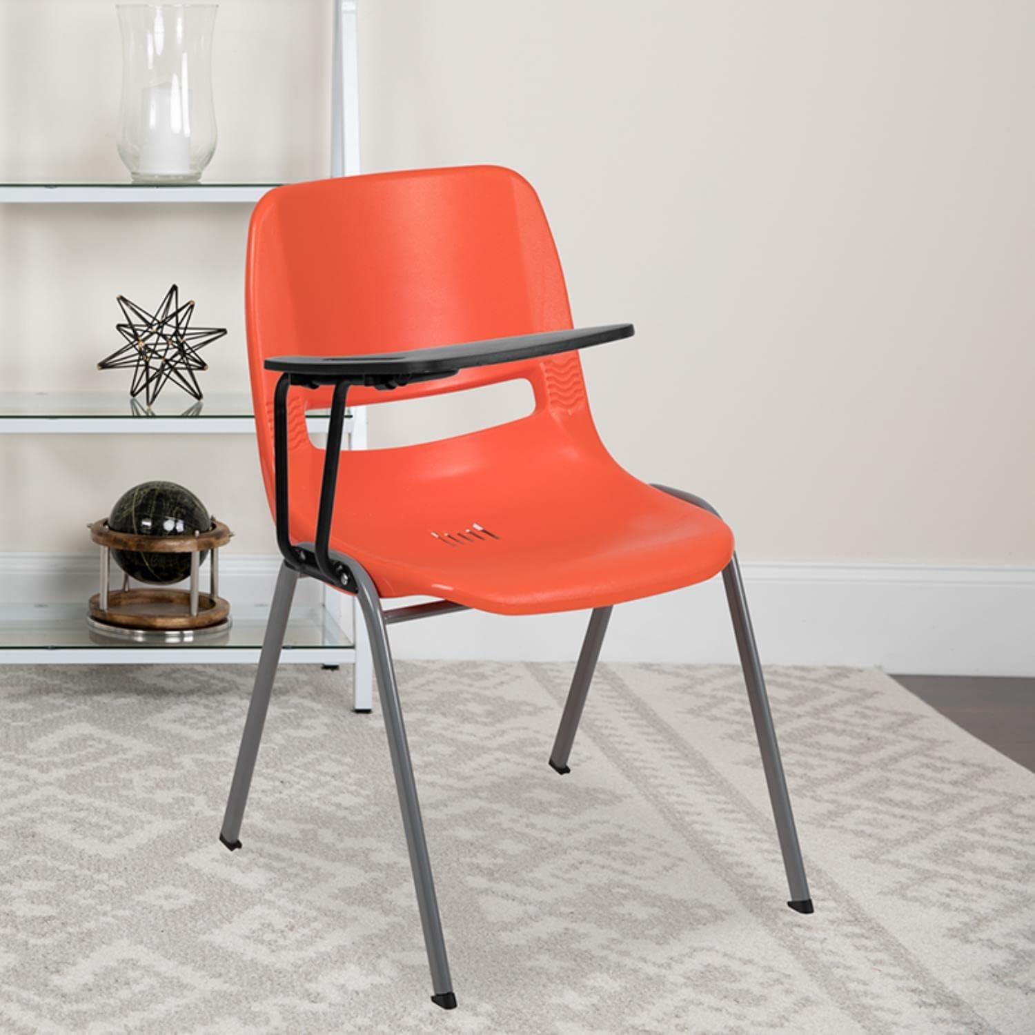 Compact Orange Ergonomic Shell Chair with Flip-Up Tablet Arm