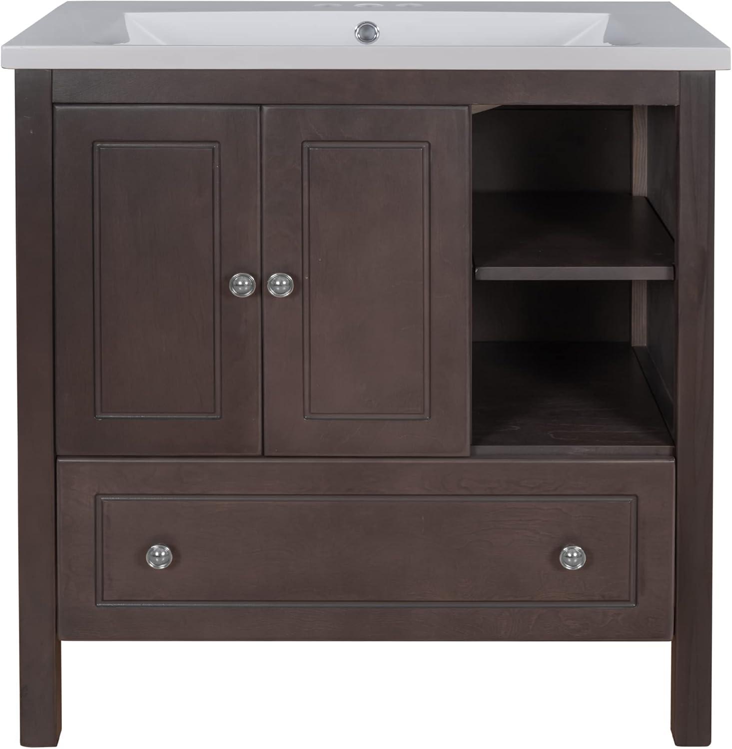 30" Brown Solid Wood Bathroom Vanity with Ceramic Sink