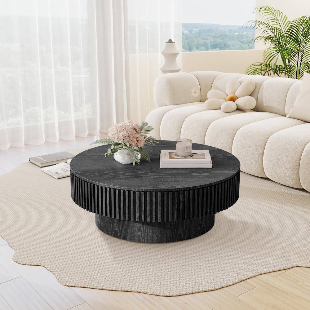 Round Coffee Table with Storage, Modern Wooden Coffee Table with Solid Wood Veneered, 31.5" Small Circle Center Table,Tea Table for Living Room,Home Small Space,Black