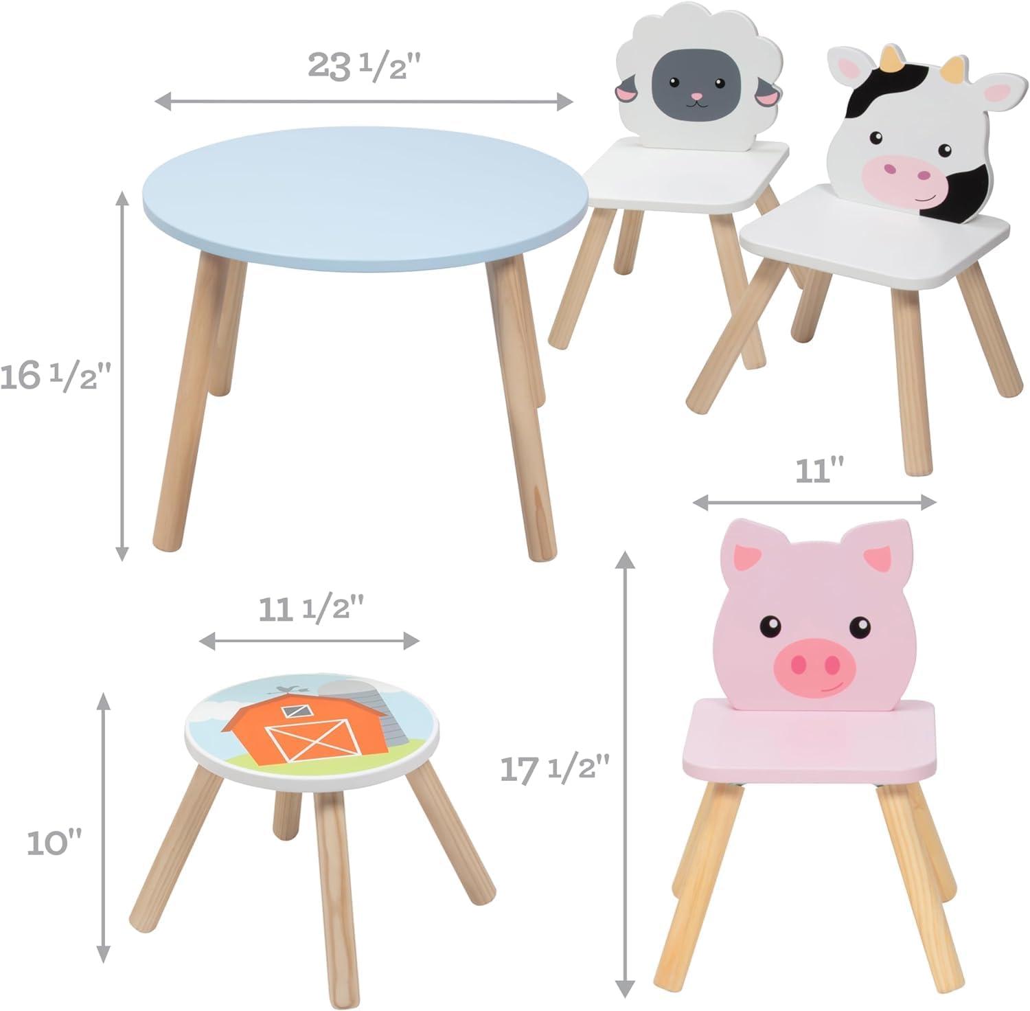 Kids Blue and White Wooden Animal Table Set with 3 Chairs