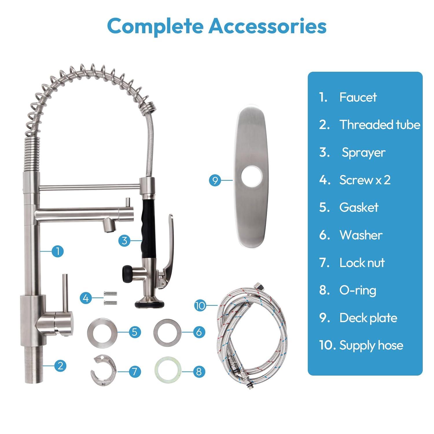 Besdor Kitchen Faucet with Pull Down Sprayer, Spring Single Handle Faucet for Kitchen Sink, Two Function Sprayer, 360-degree Rotation, with Deck Plate, 304 Food Grade Stainless Steel, Brushed Nickel