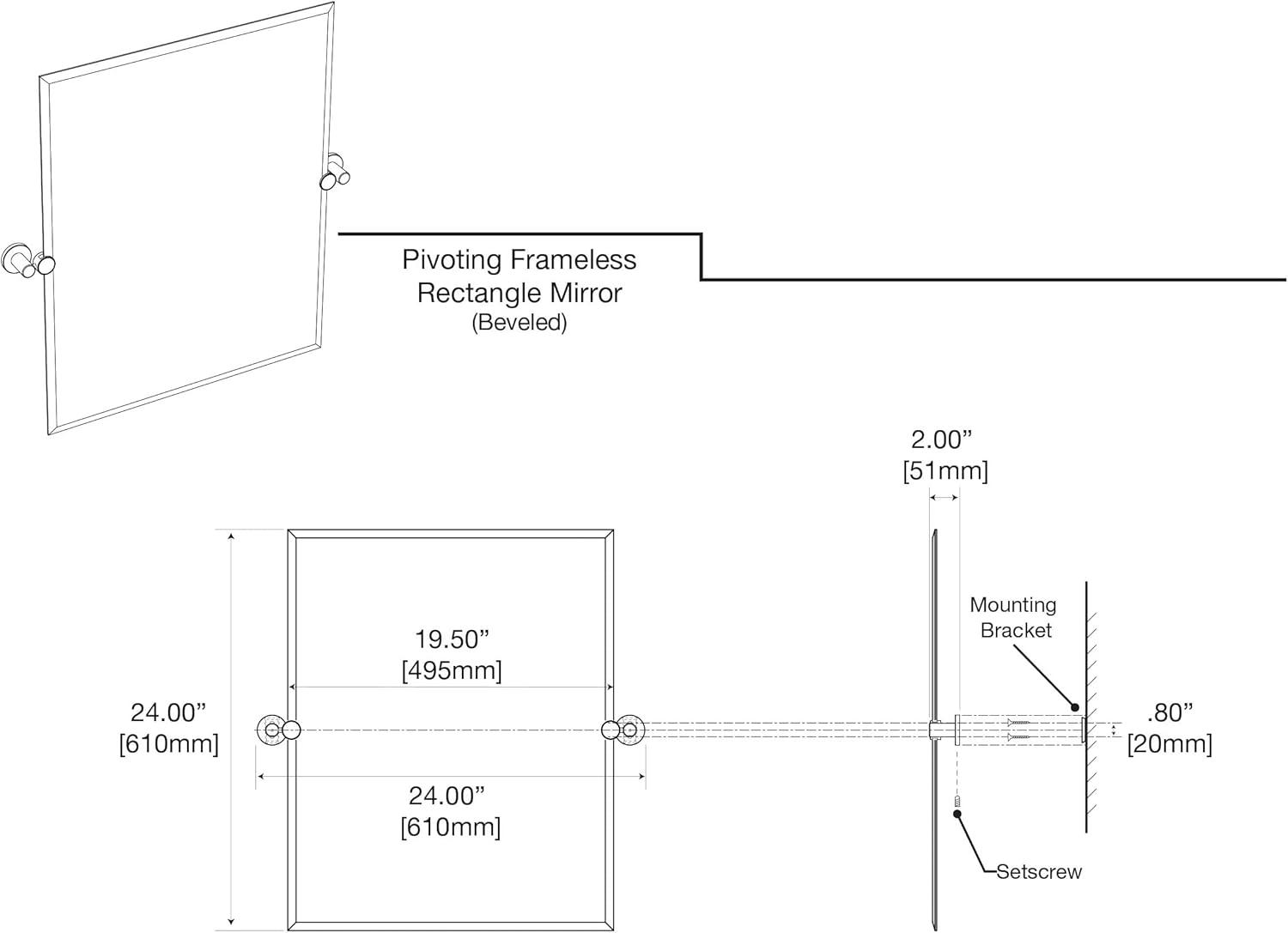 Sleek Frameless Matte Black Rectangular Bathroom Mirror, 24x24 inches