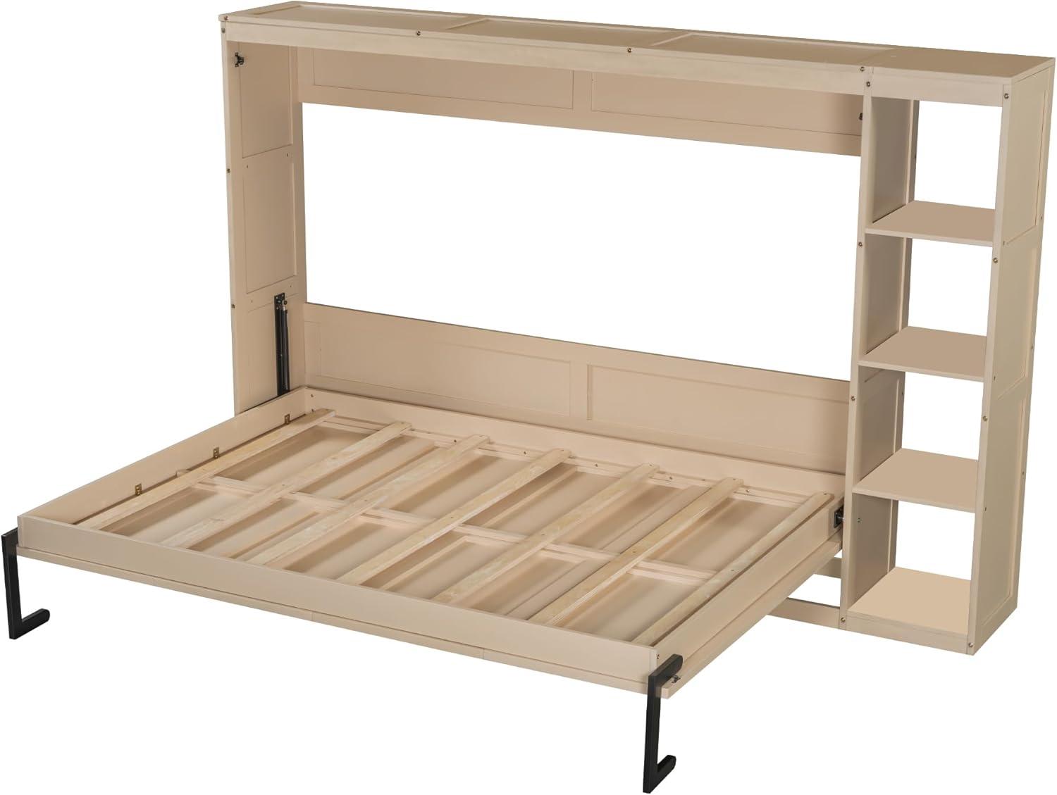 SOFTSEA Modern Murphy Bed Cabinet Bed with Bookshelf, Full Size Foldable Platform Bed Frame with Storage Racks, for Home Guest Room Small Room, Natural