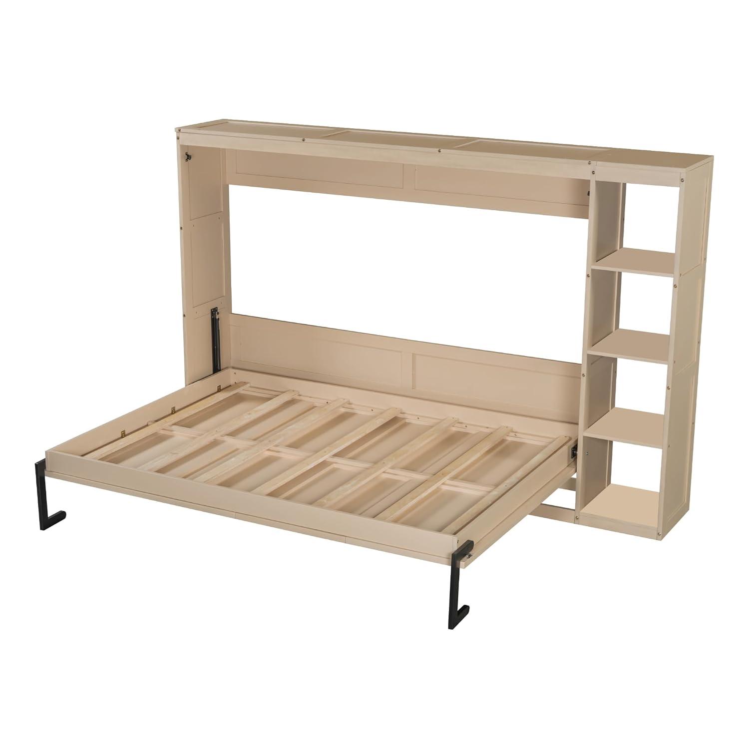 SOFTSEA Modern Murphy Bed Cabinet Bed with Bookshelf, Full Size Foldable Platform Bed Frame with Storage Racks, for Home Guest Room Small Room, Natural