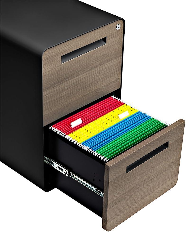 Modern Black and Wood 2-Drawer Mobile File Cabinet with Lock