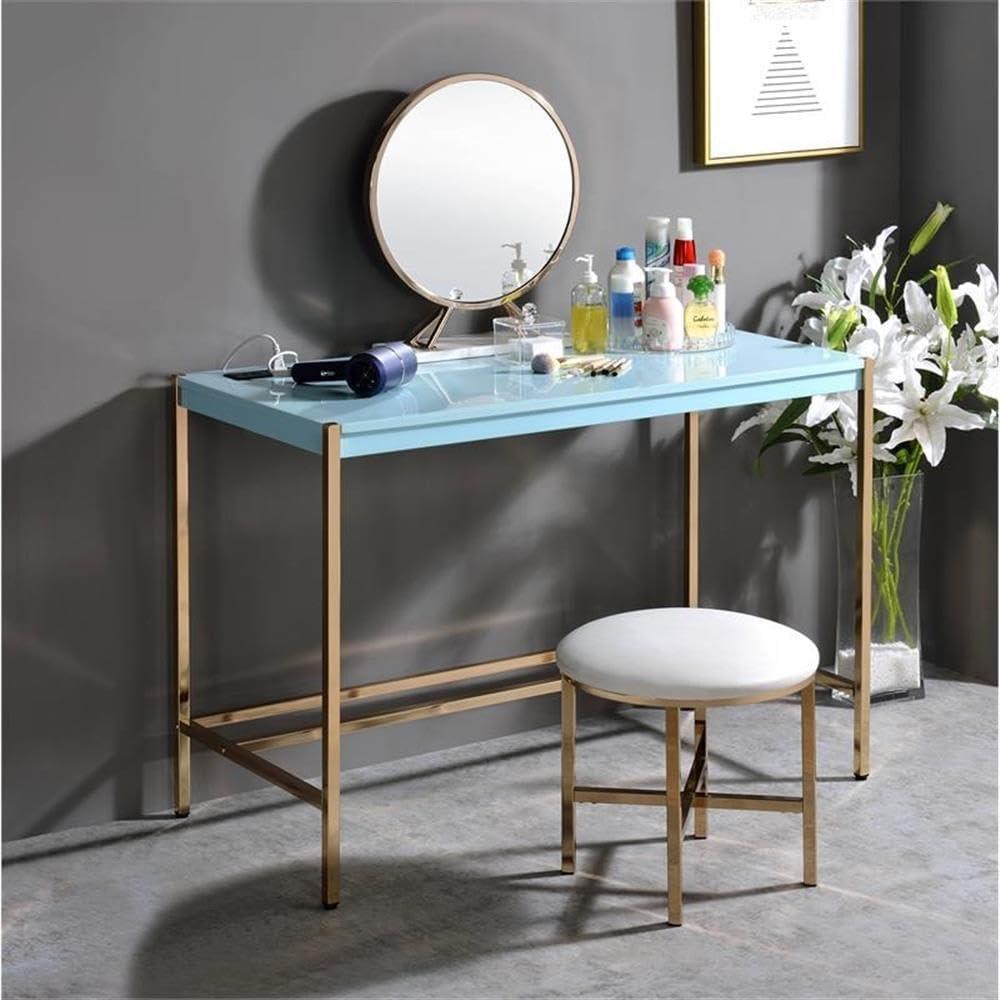 42" Midriaks Writing Desk Baby Blue/Gold Finish - Acme Furniture: Chic Office Furniture with USB Ports