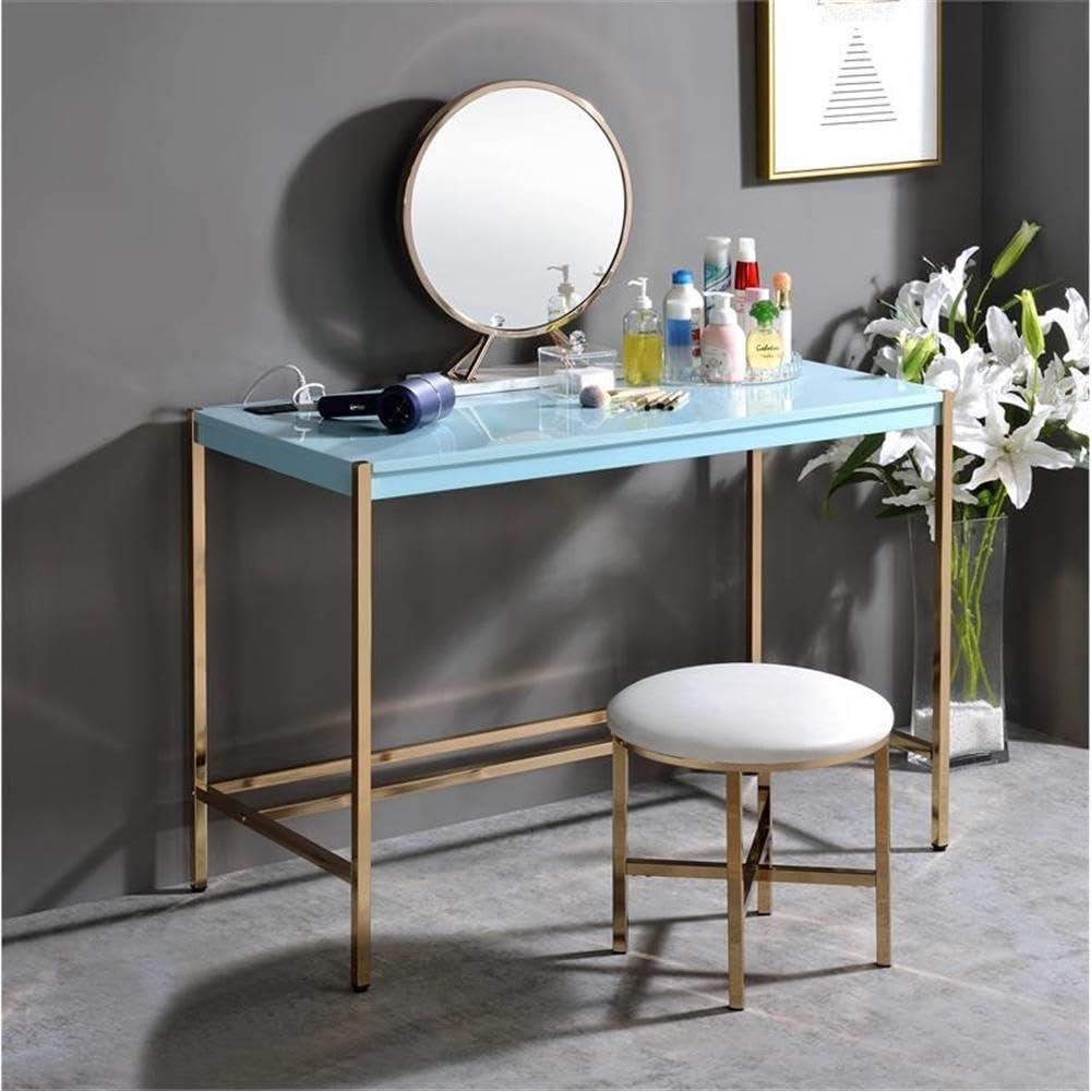 42" Midriaks Writing Desk Baby Blue/Gold Finish - Acme Furniture: Chic Office Furniture with USB Ports