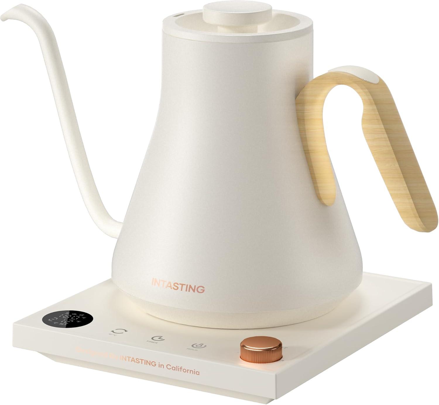 White Electric Gooseneck Kettle with Bamboo Handle and LCD Display