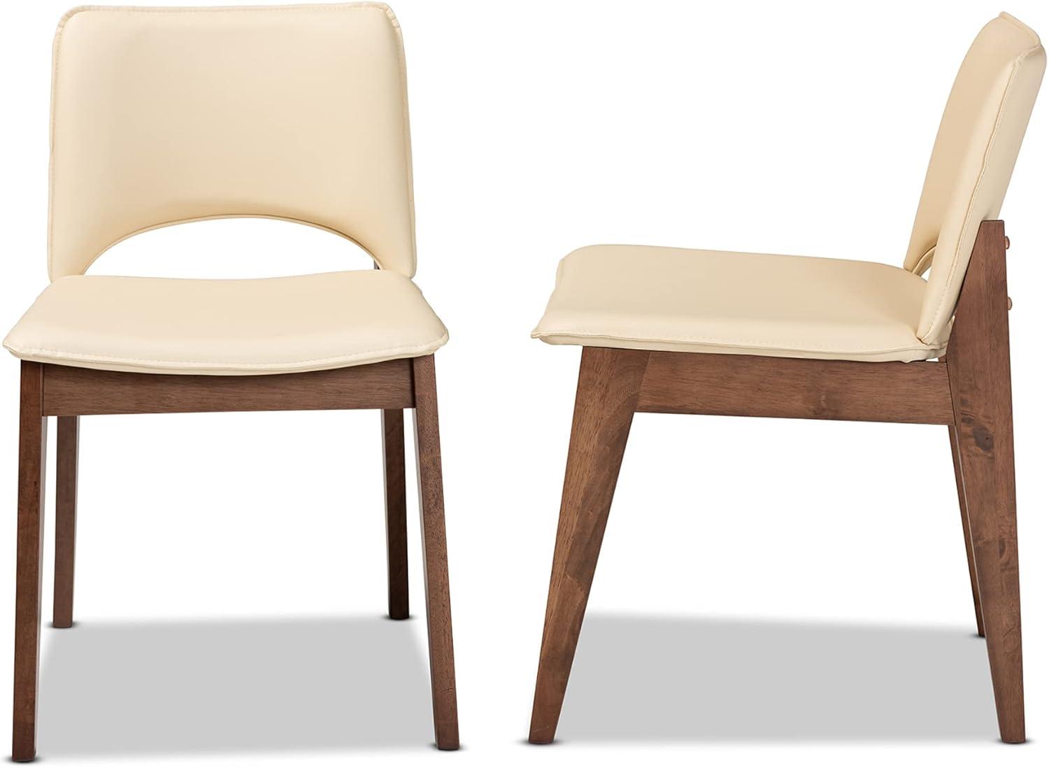 Beige Faux Leather Upholstered Dining Chairs with Walnut Wood Frame