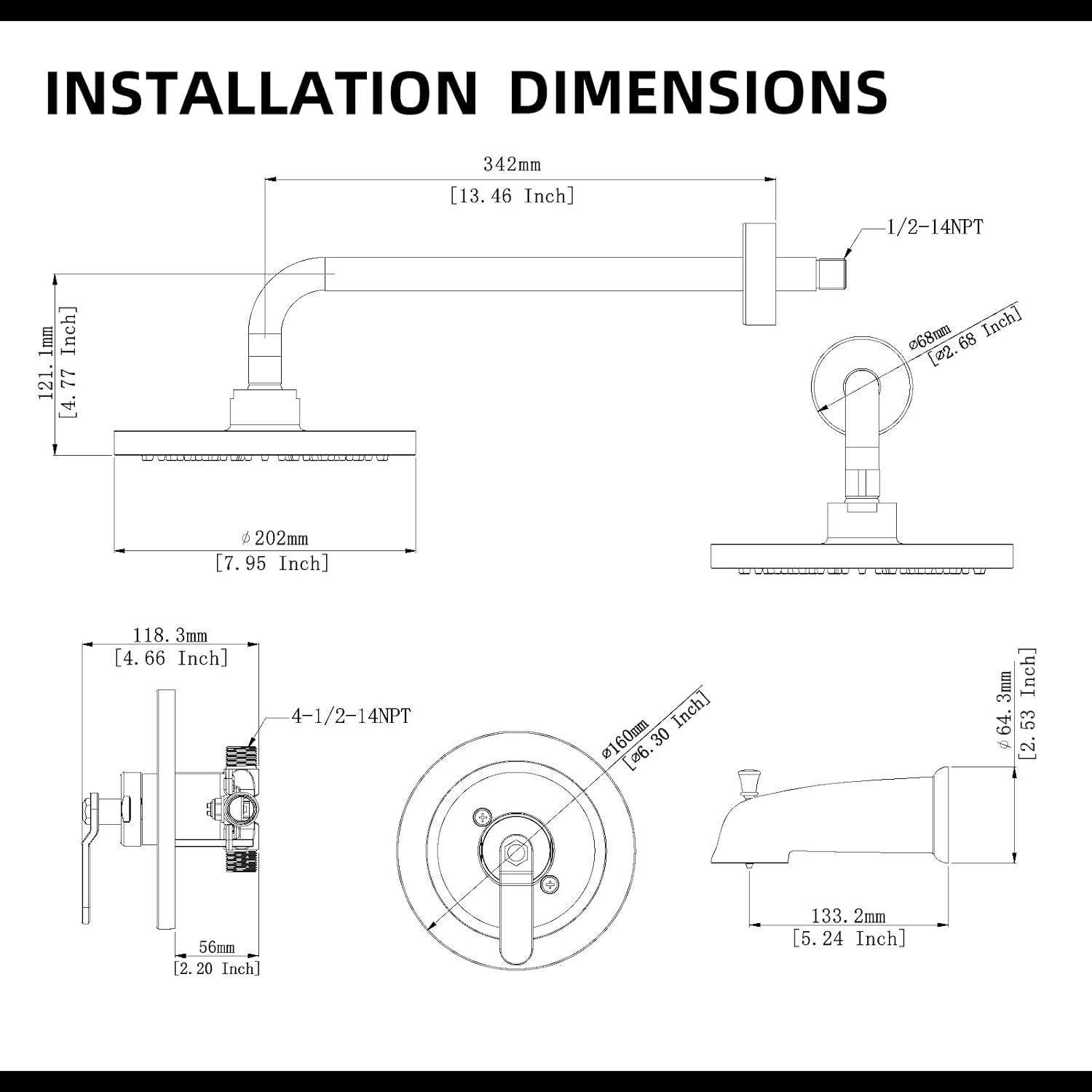 Matte Black Wall Mounted Rain Shower Faucet Set with Tub Spout