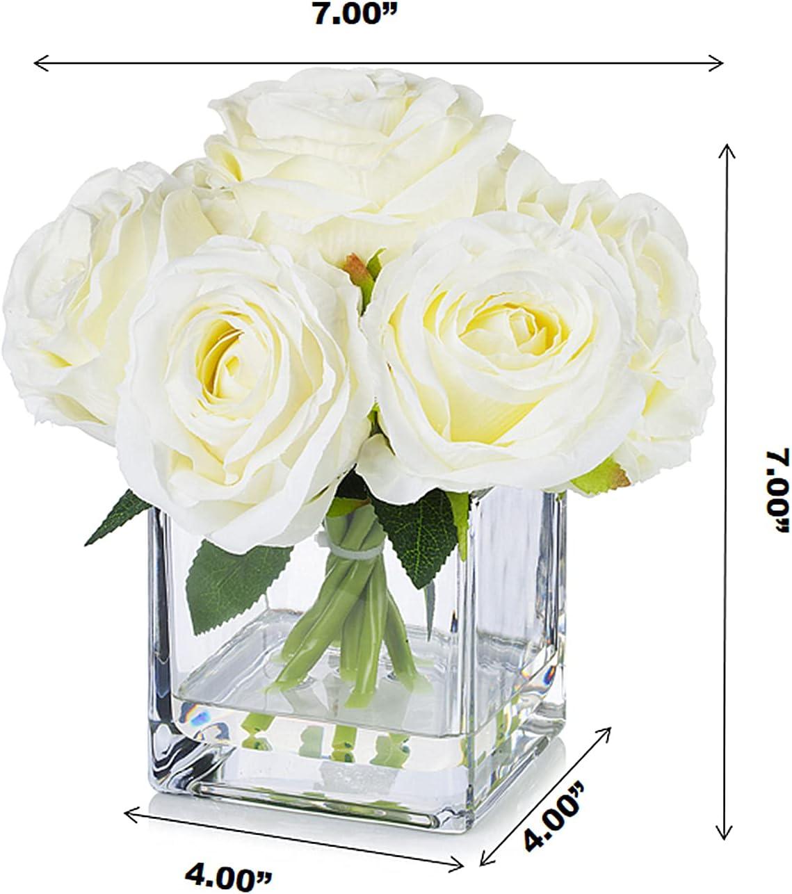 Enova Floral 7 Large Stems Artificial Silk Roses Fake Flowers Arrangement in Cube Glass Vase with Faux Water for Home Office Wedding Decoration (Cream)