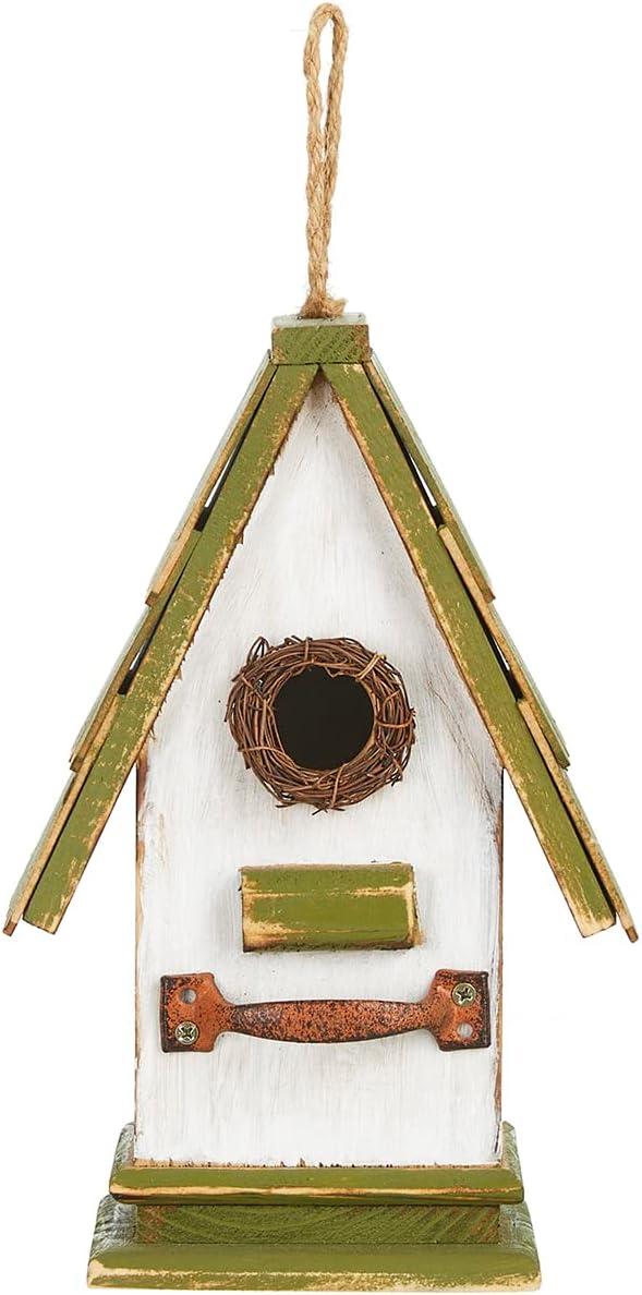 10.5" Hand Painted Distressed Wood Birdhouse with Green Roof