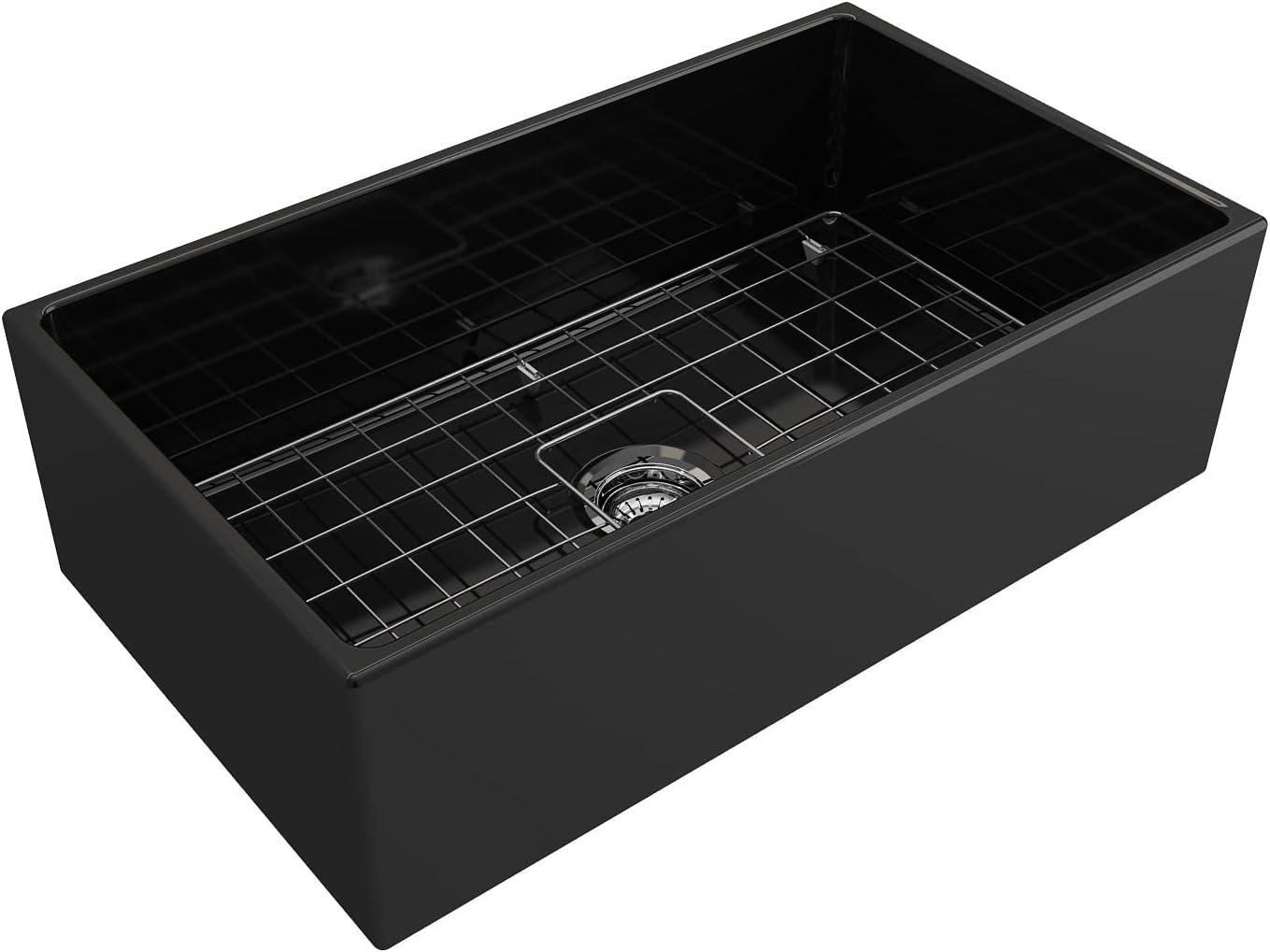 BOCCHI Contempo Farmhouse Apron Front Fireclay 33 in. Single Bowl Kitchen Sink with Protective Bottom Grid and Strainer in Matte Gray