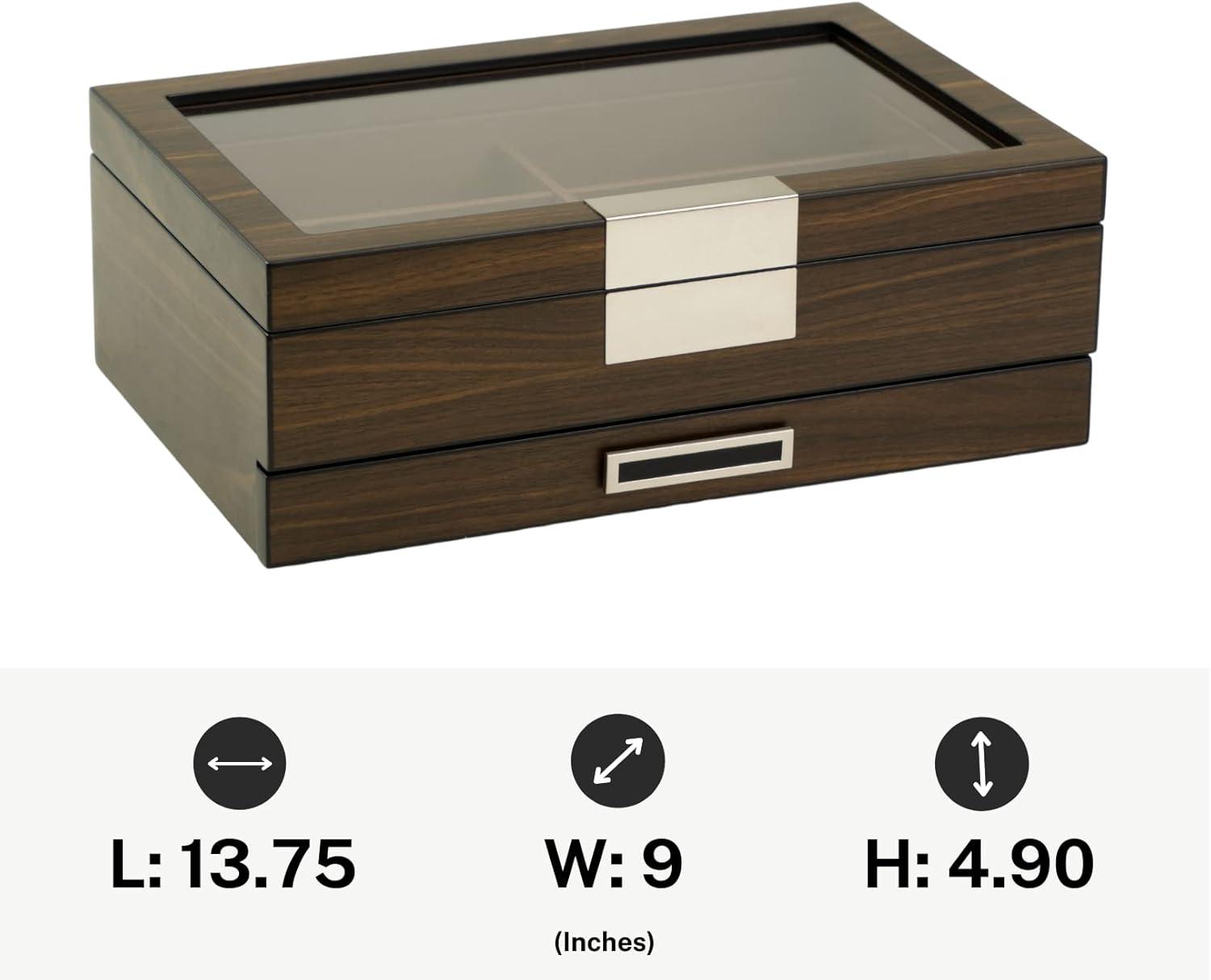 Multi-Purpose Drawer, Sunglasses and Jewelry Box Wooden Storage Organizer with Saddle Brown Leather (Coffee Lover)