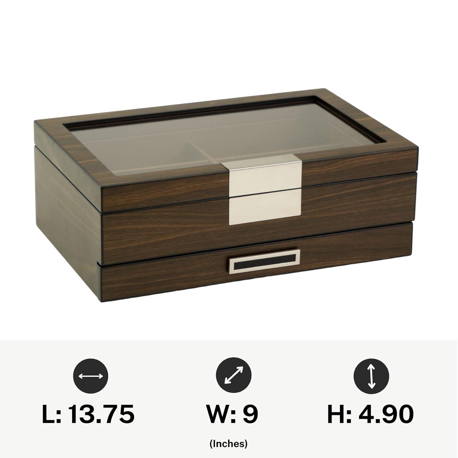 Multi-Purpose Drawer, Sunglasses and Jewelry Box Wooden Storage Organizer with Saddle Brown Leather (Coffee Lover)