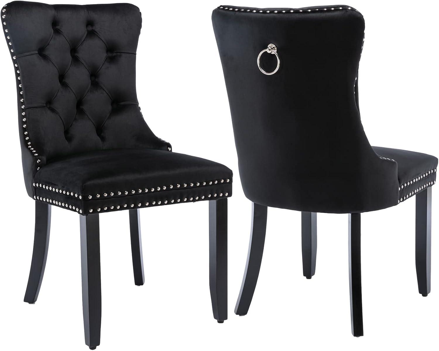 ODUSE-DAILY Black Velvet Dining Chairs Set of 2, Kitchen & Dining Room Chairs, Sillas De Comedor, Nailheads Tufted, Velvet Upholstered, Solid Wood (Black, 2 Pcs)