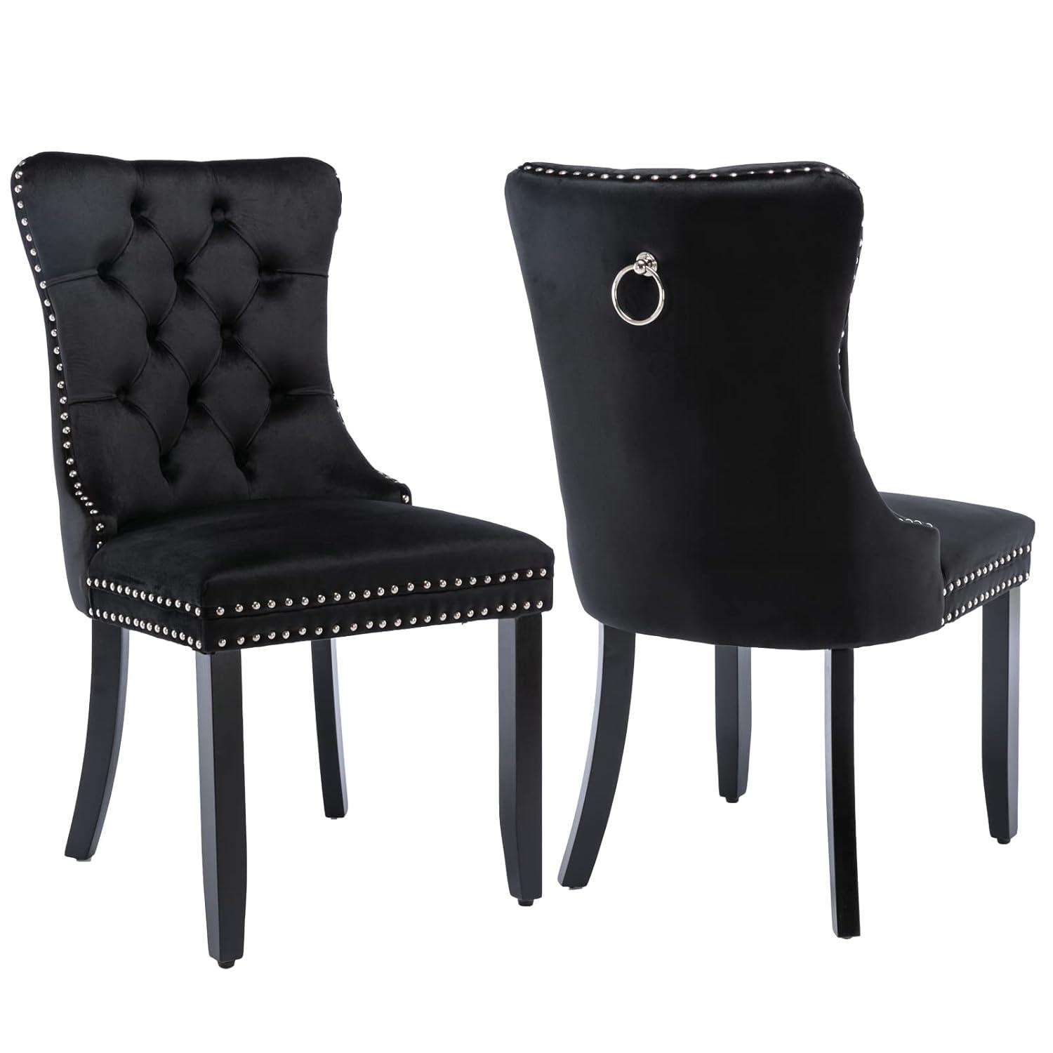 ODUSE-DAILY Black Velvet Dining Chairs Set of 2, Kitchen & Dining Room Chairs, Sillas De Comedor, Nailheads Tufted, Velvet Upholstered, Solid Wood (Black, 2 Pcs)