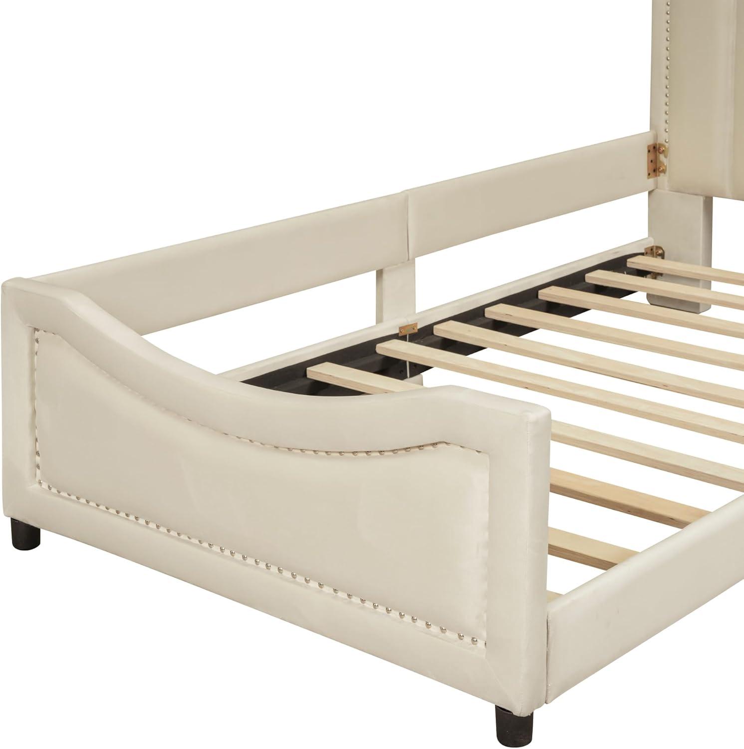 Bellemave Twin Size Upholstered Bed with Belgrave Headboard, Low Platform Bed Frame with Rails, Kids Velvet Daybed with Slats Support for Girls Boys Teens, Beige