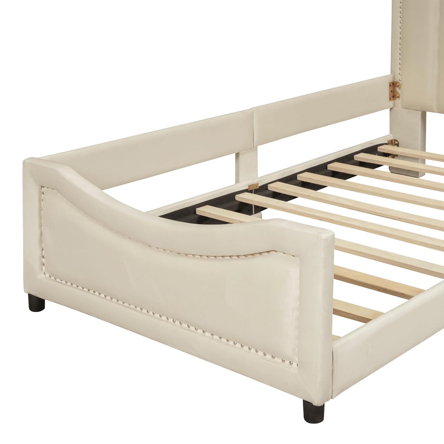 Bellemave Twin Size Upholstered Bed with Belgrave Headboard, Low Platform Bed Frame with Rails, Kids Velvet Daybed with Slats Support for Girls Boys Teens, Beige
