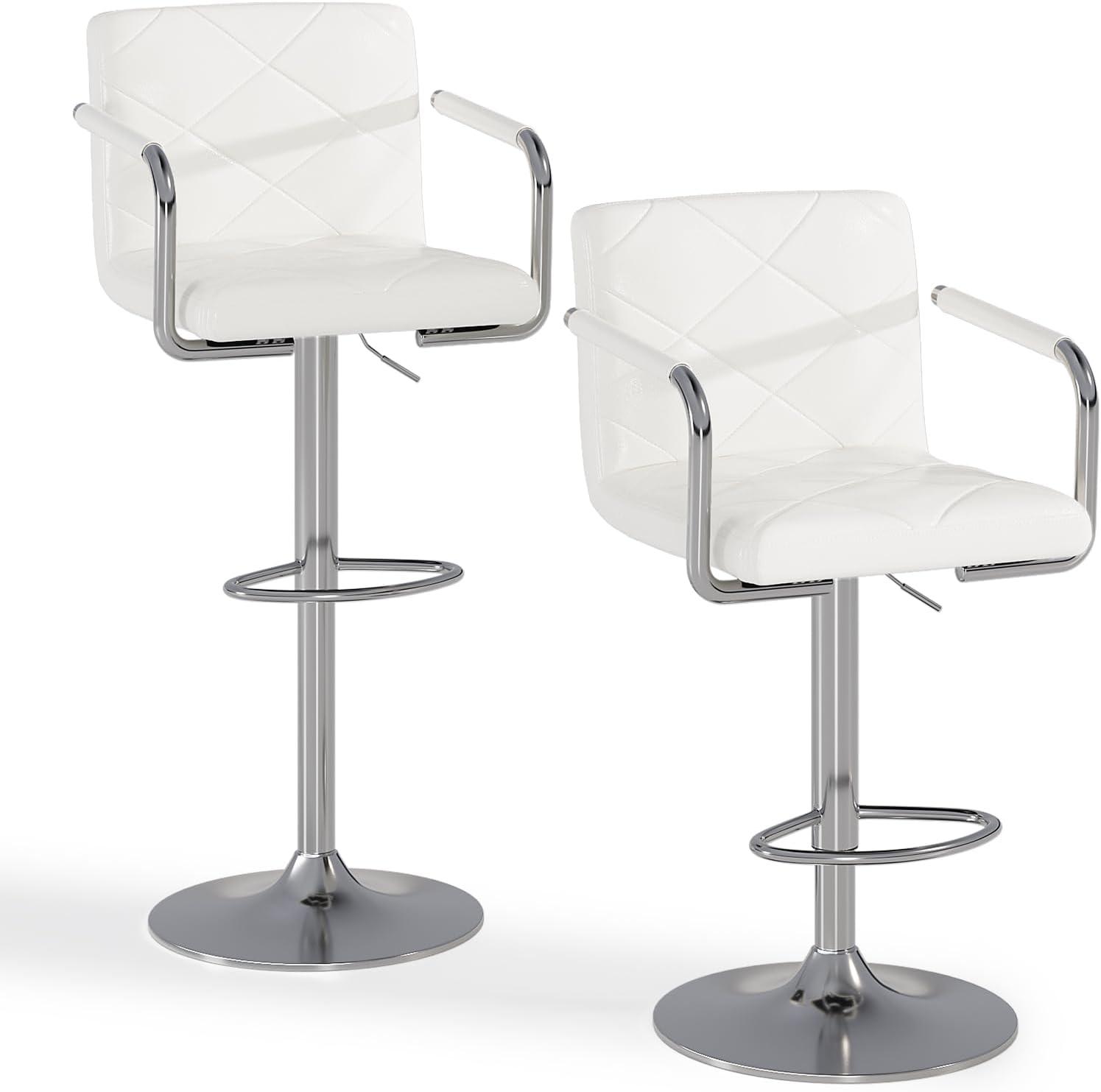 ChicCrest Tall Bar Stools Set of 2 Modern Square PU Leather Adjustable BarStools Counter Height Stools with Arms and Back Bar Chairs 360 Swivel Stool White