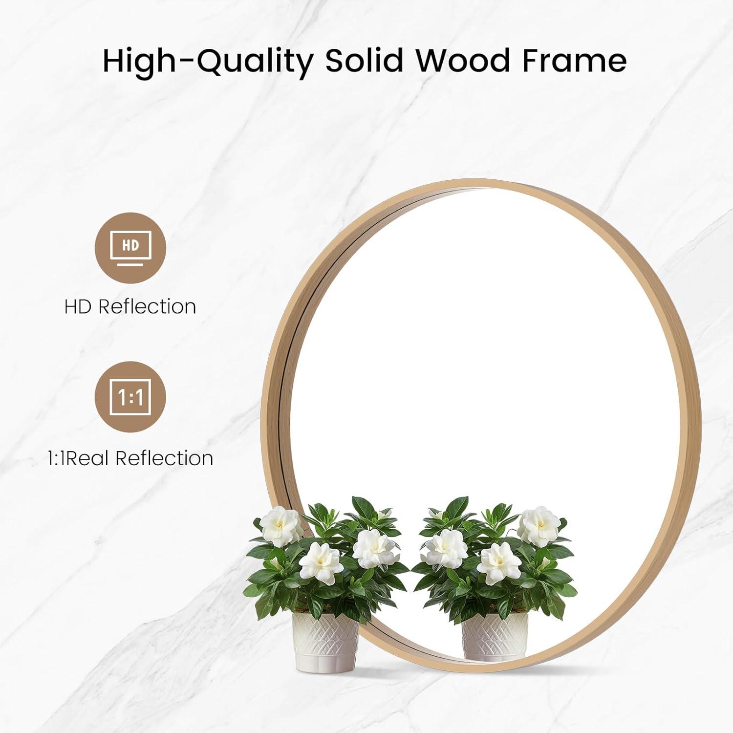 WallBeyond 24" Wood Round Mirror Natural : Pine Frame, Modern Style, Wall Mount, No Assembly Required
