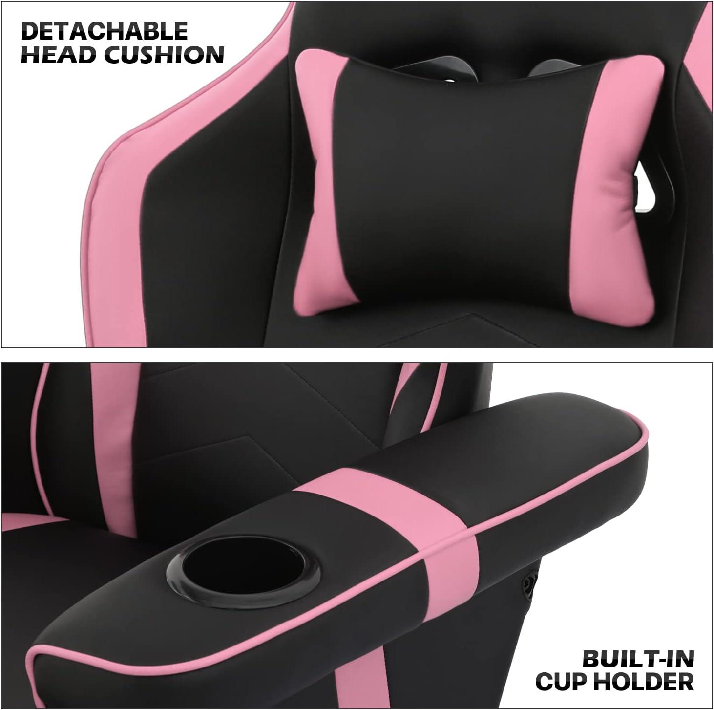 MoNiBloom Racing Style Pu Leather Ergonomic Adjusted Reclining Video Gaming Sofa Chair Seat with Adjustable Backrest and Footrest Cup Holder Pillow, Pink