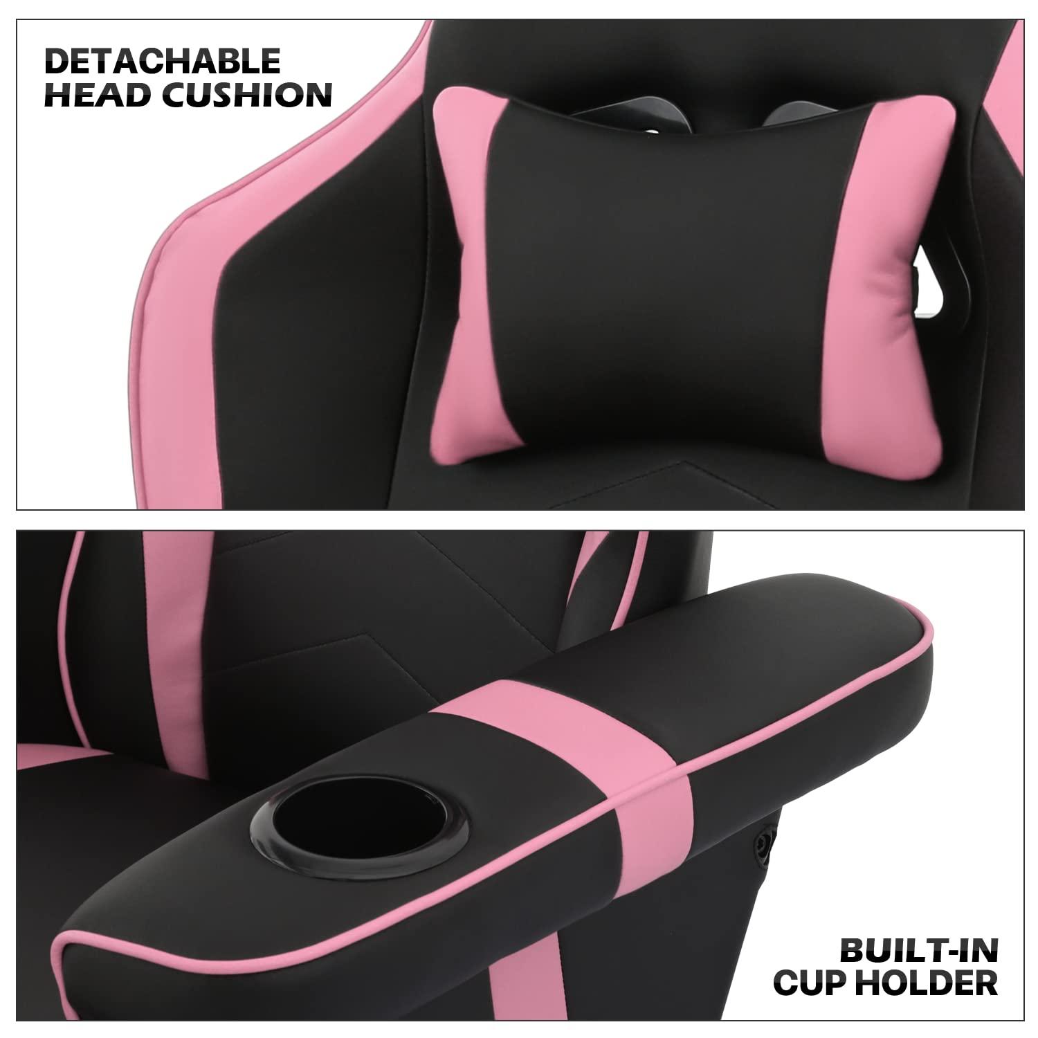 MoNiBloom Racing Style Pu Leather Ergonomic Adjusted Reclining Video Gaming Sofa Chair Seat with Adjustable Backrest and Footrest Cup Holder Pillow, Pink