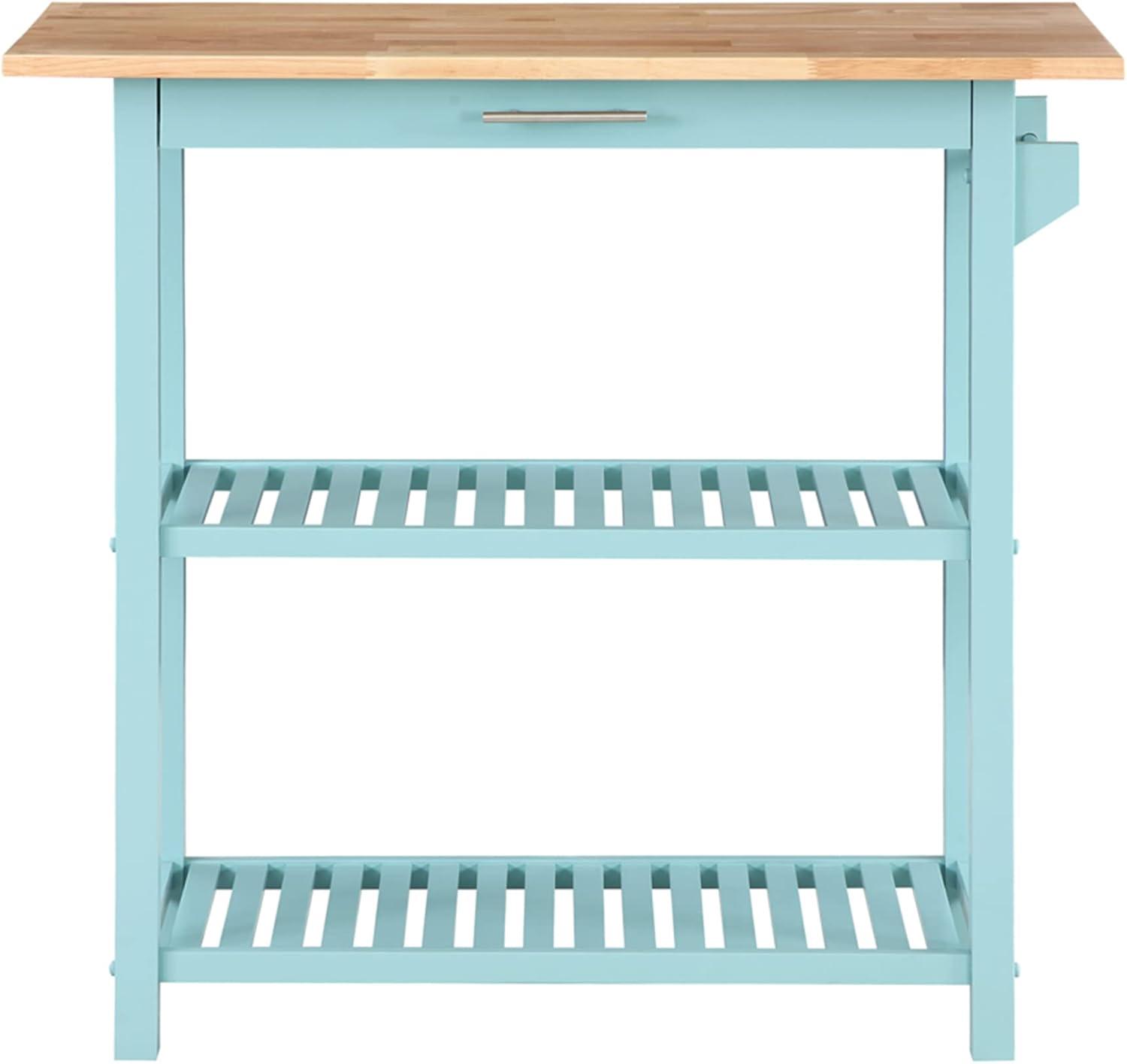 Convenience Concepts Designs2Go 3 Tier Butcher Block Kitchen Prep Island Cart with Drawer, Sea Foam Blue/Butcher Block