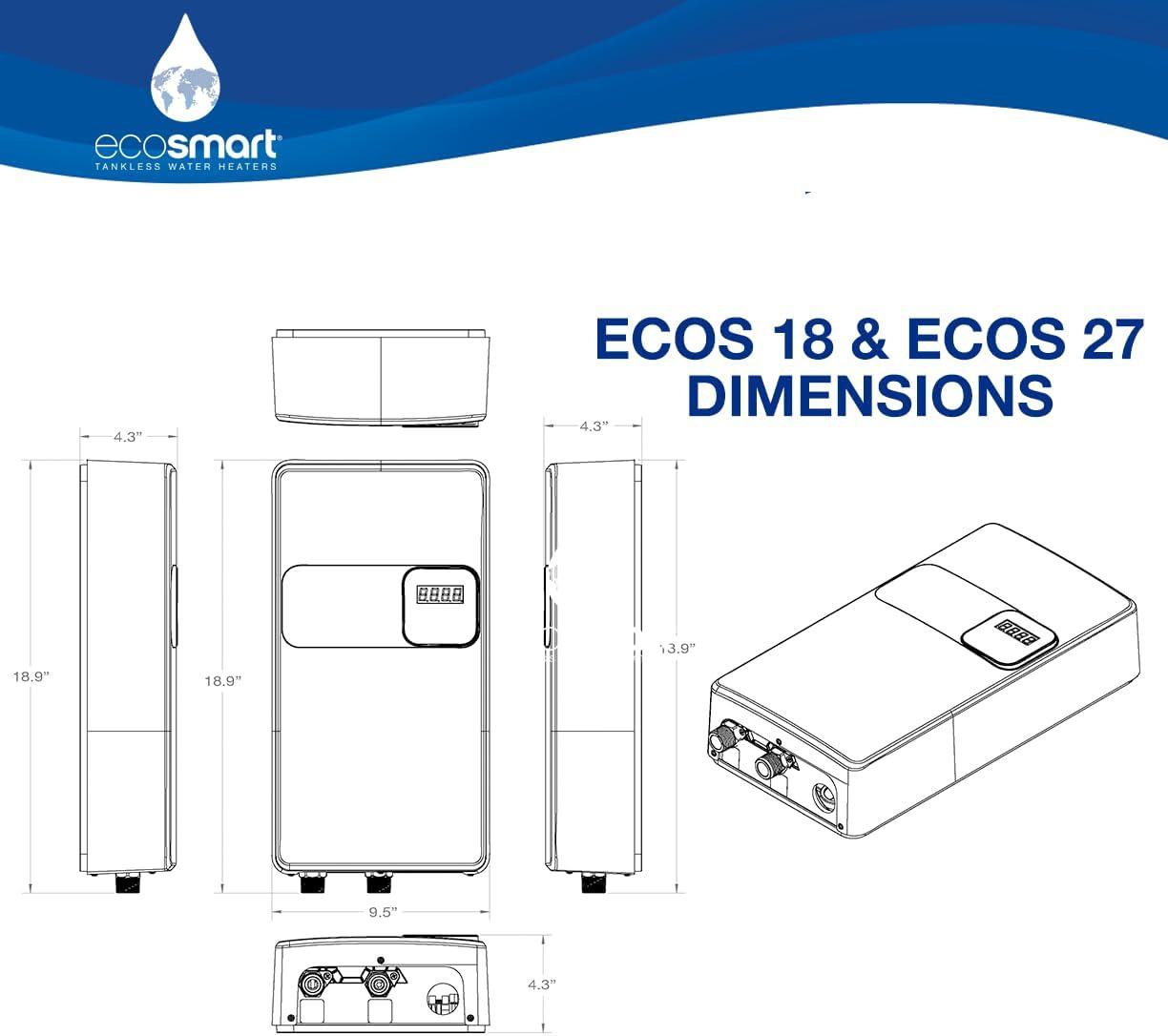 EcoSmart ECOS 18 Tankless Electric Water Heater, 18 Kw at 240 Volts, 75 Amps with Patented Self Modulating Technology