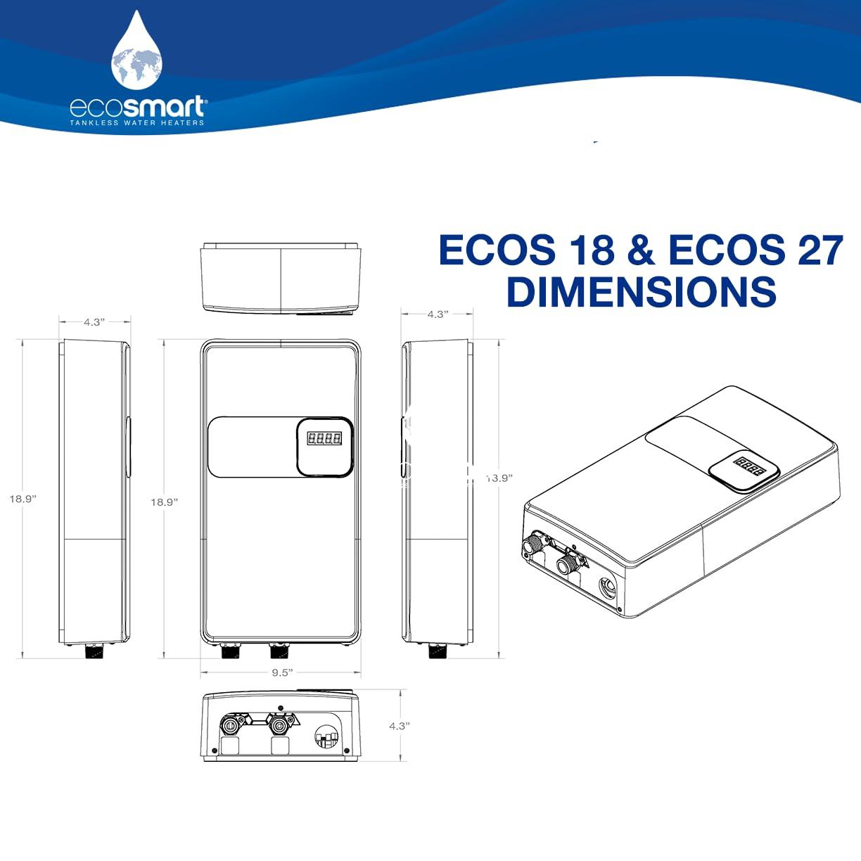 EcoSmart ECOS 18 Tankless Electric Water Heater, 18 Kw at 240 Volts, 75 Amps with Patented Self Modulating Technology
