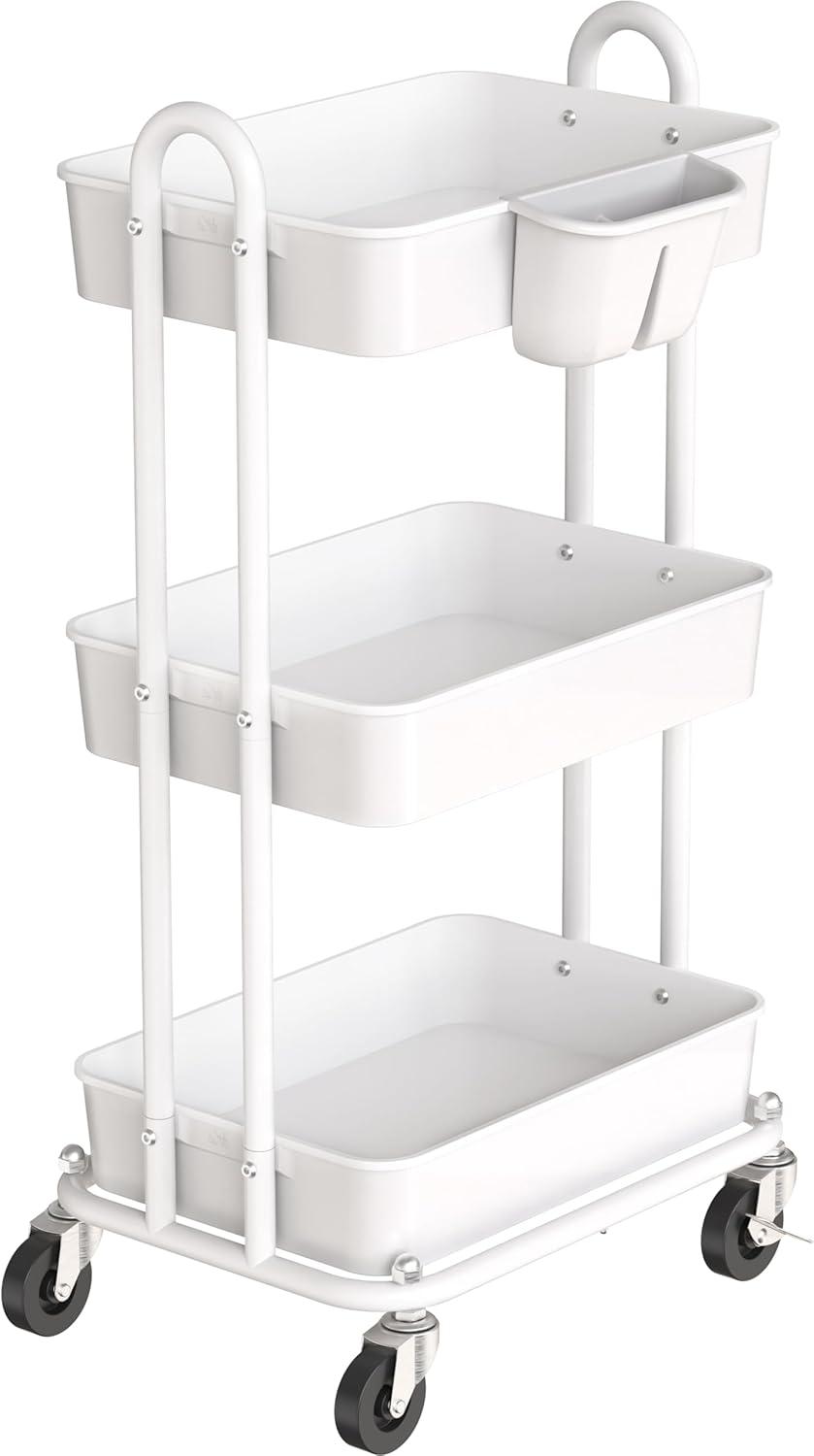 Simple Houseware 3-Tier Multifunctional Rolling Utility Cart with Hanging Bucket, White