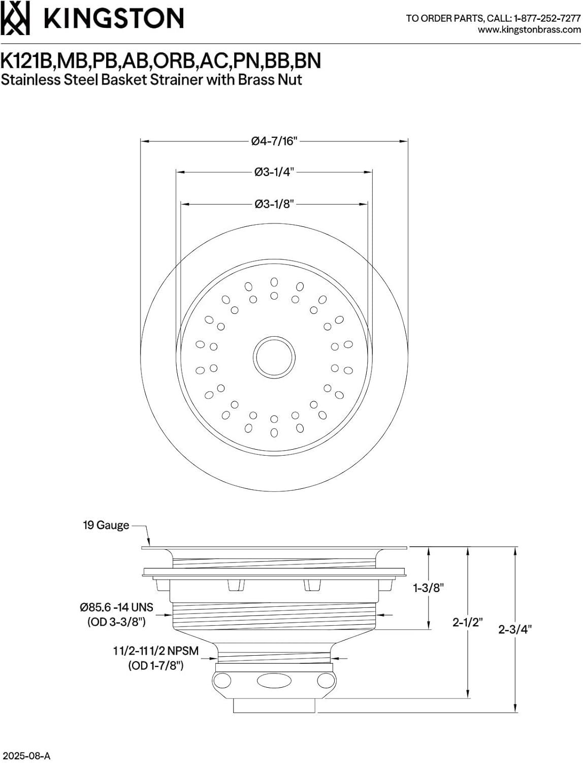 Kingston Brass K121BAB 3.5 in. Fresno Stainless Steel Kitchen Sink Basket Strainer, Antique Brass