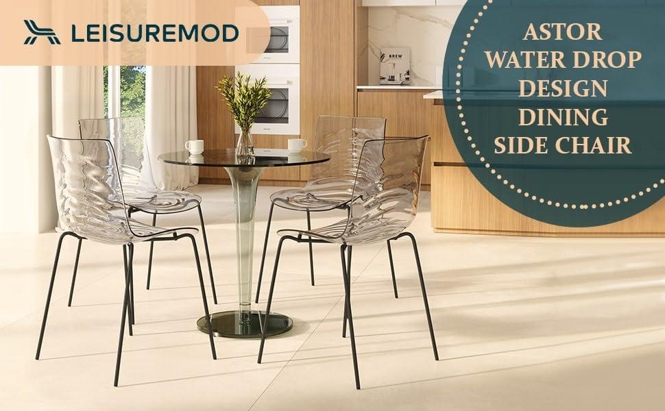 LeisureMod Astor Acrylic Dining Chair - Water Ripple Design & Chrome Finish Metal Legs, Stackable Accent Side Chair