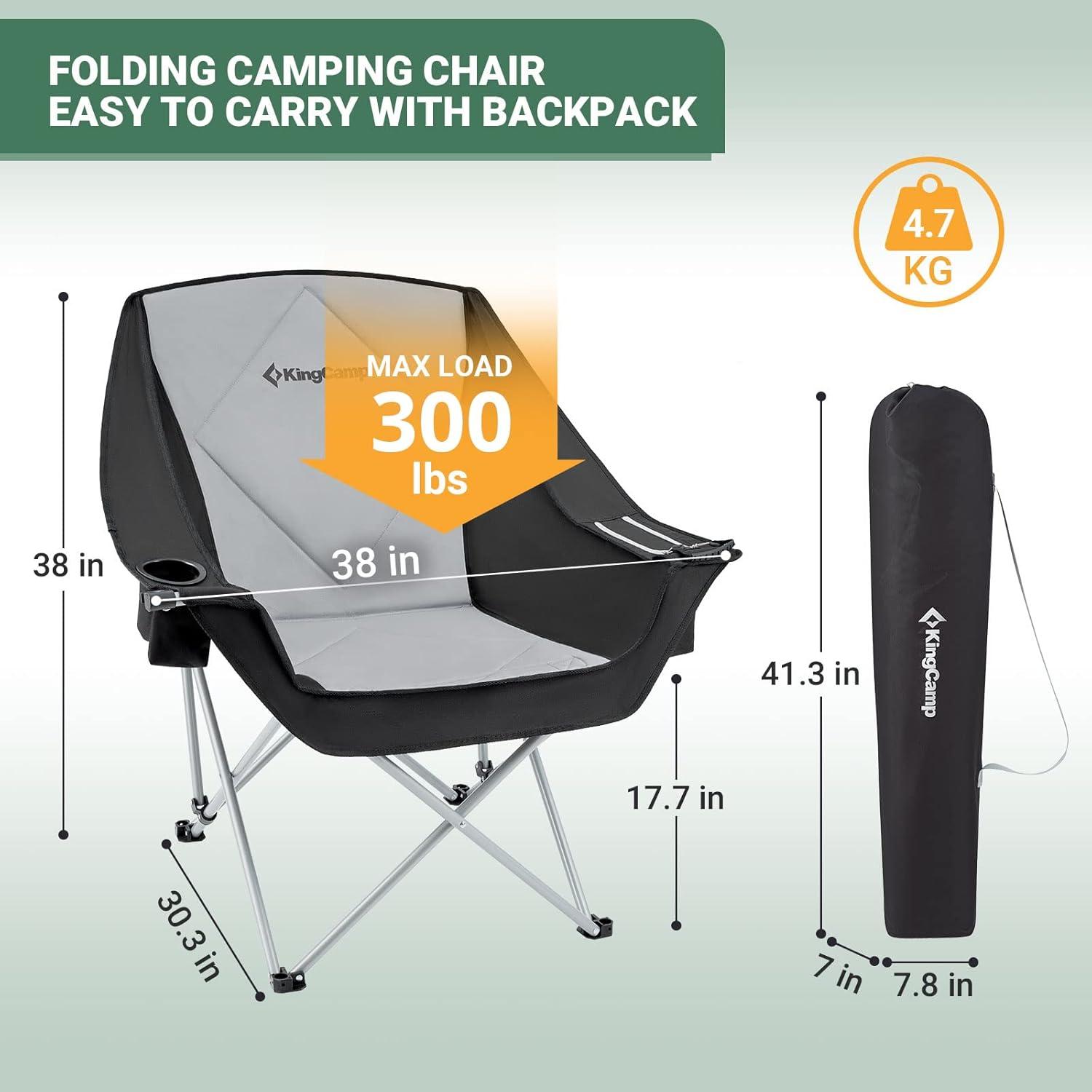 KingCamp Oversized Folding Camping Chair Portable Saucer Round Chairs Outdoor Padded Sofa Chair for Adult, Black