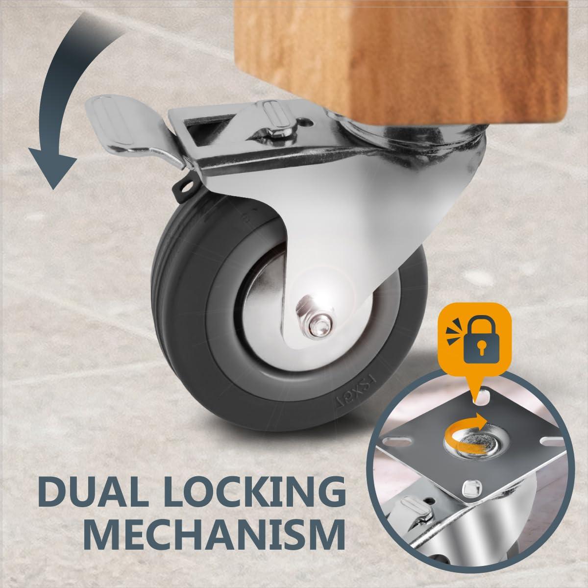 POWERTEC 4PK 3 Inch Heavy Duty Dual Locking Swivel Plate Caster Wheels with 640 lbs Total Loads, Industrial Castor Wheels for Workbench, Dolly, Cart & Furniture (17023-P4)