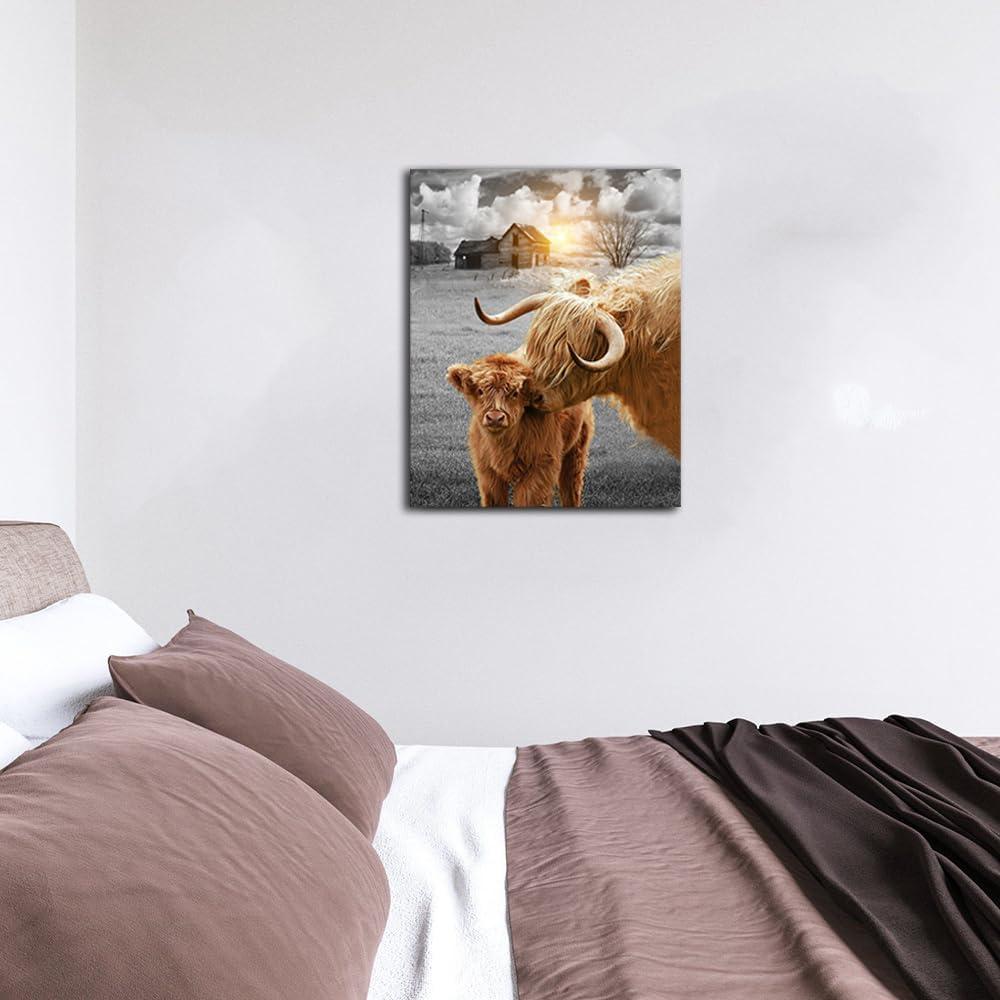 ONETECH Highland Cow Wall Art Farmhouse Decor Canvas Printed Black and White Cow Pictures Wall Decor Modern Western Rustic Artwork Decorations for Bedroom Office Living Room  16x16 in