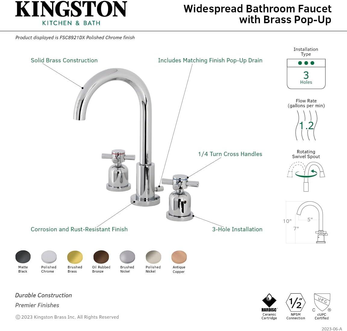 Kingston Brass Concord Two-Handle 3-Hole Deck Mount Widespread Bathroom Faucet with Brass Pop-Up Drain