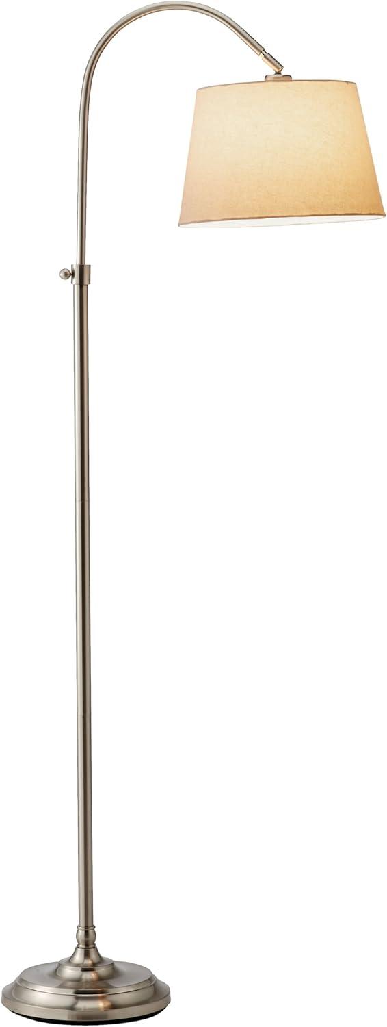 Bonnet Brushed Steel Arc Floor Lamp with Adjustable White Linen Shade