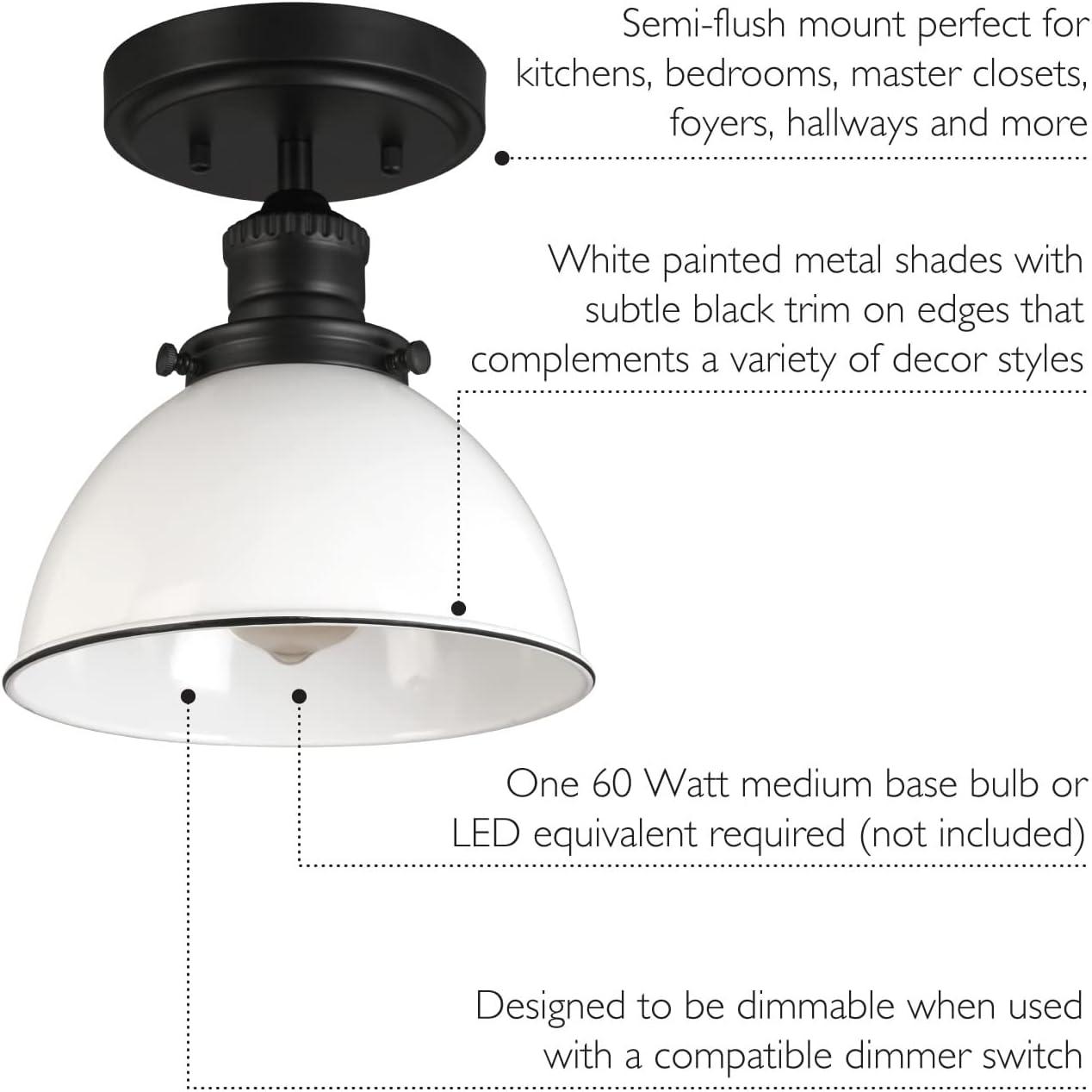 Design House 588319 Savannah Farmhouse 1-Light Indoor Semi-Flush Mount Ceiling Light Dimmable White Metal Shade for Bedroom Dining Room Kitchen, Matte Black