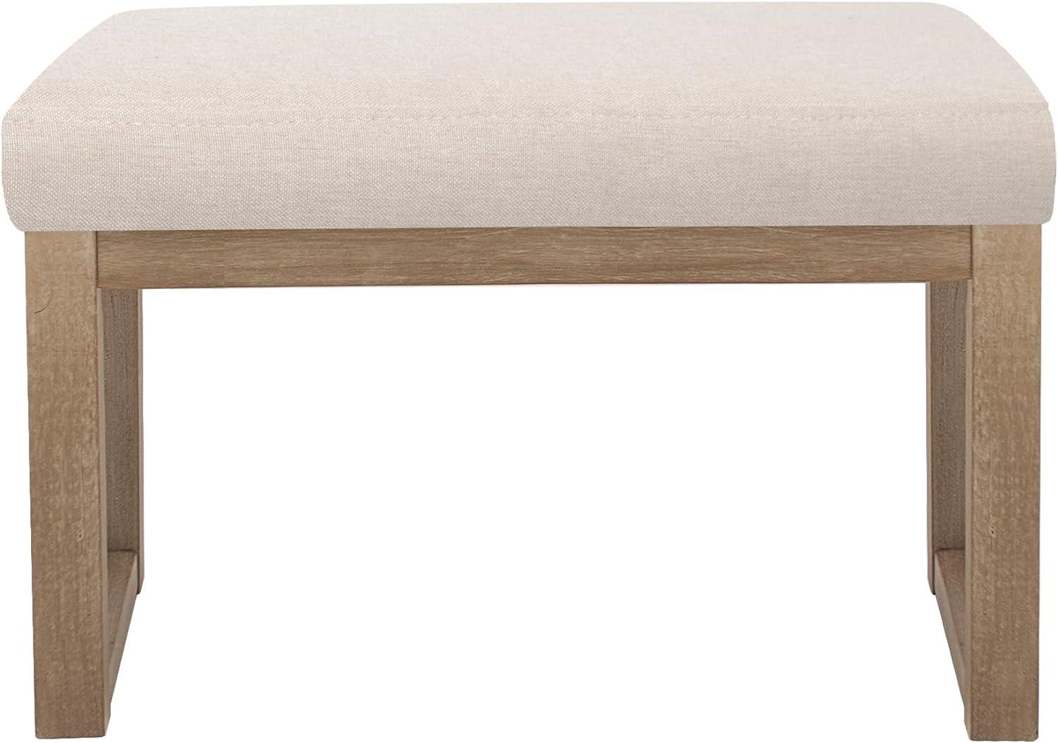 Beige Linen Upholstered Wood Leg Ottoman Bench