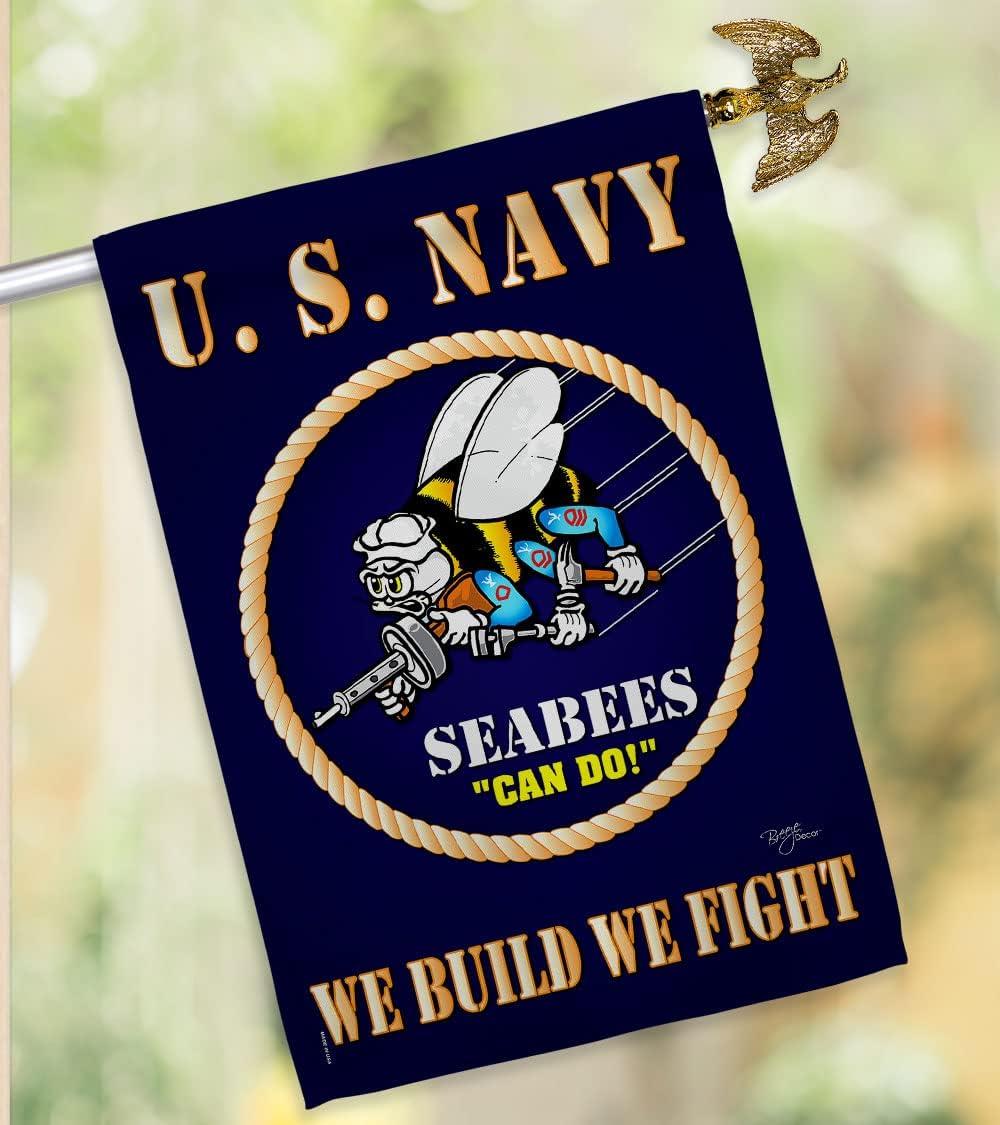 Breeze Decor Sea Bees House Flag - Armed Forces Navy USN Seabee United State American Military Veteran Retire Official - Decoration Banner Small Garden Yard Gift Double-Sided Made in USA 28 X 40