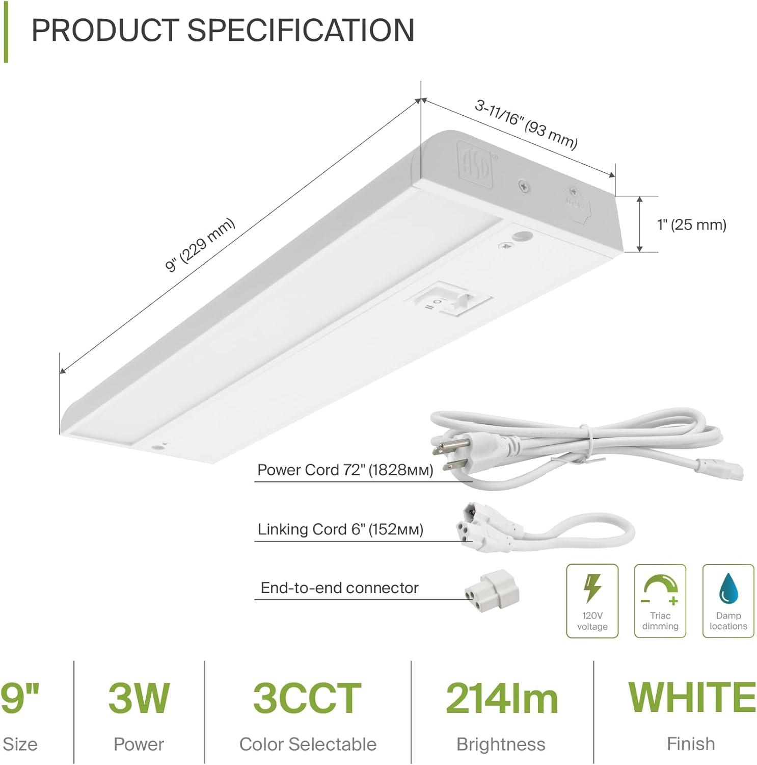 ASD LED Under Cabinet Lighting 9 Inch, Dimmable, Hardwired or Plug-in Installation, 3 Color Levels- 2700K/3000K/4000K, Linkable Kitchen Under Counter Lighting, ETL & Energy Star, White Finish