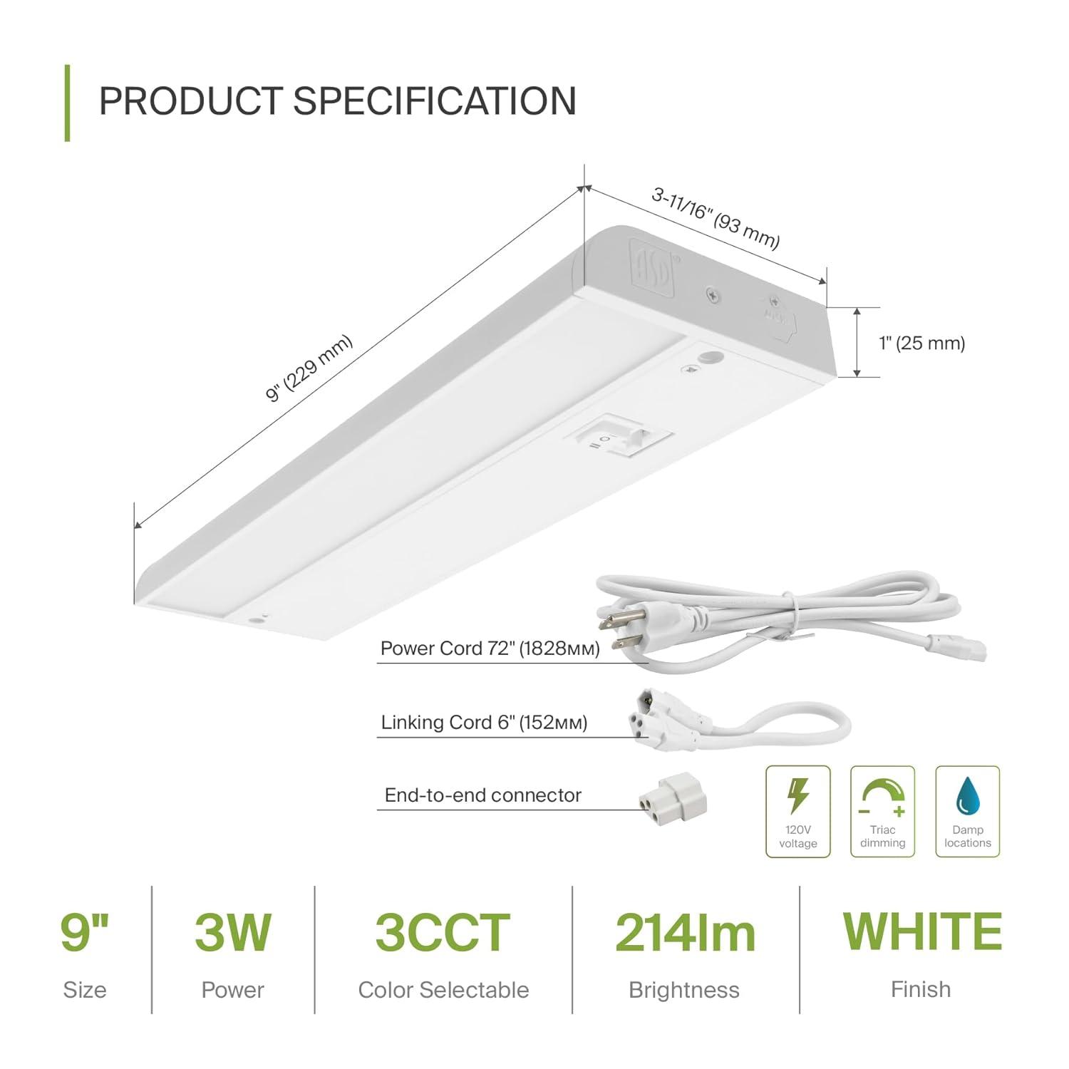 ASD LED Under Cabinet Lighting 9 Inch, Dimmable, Hardwired or Plug-in Installation, 3 Color Levels- 2700K/3000K/4000K, Linkable Kitchen Under Counter Lighting, ETL & Energy Star, White Finish