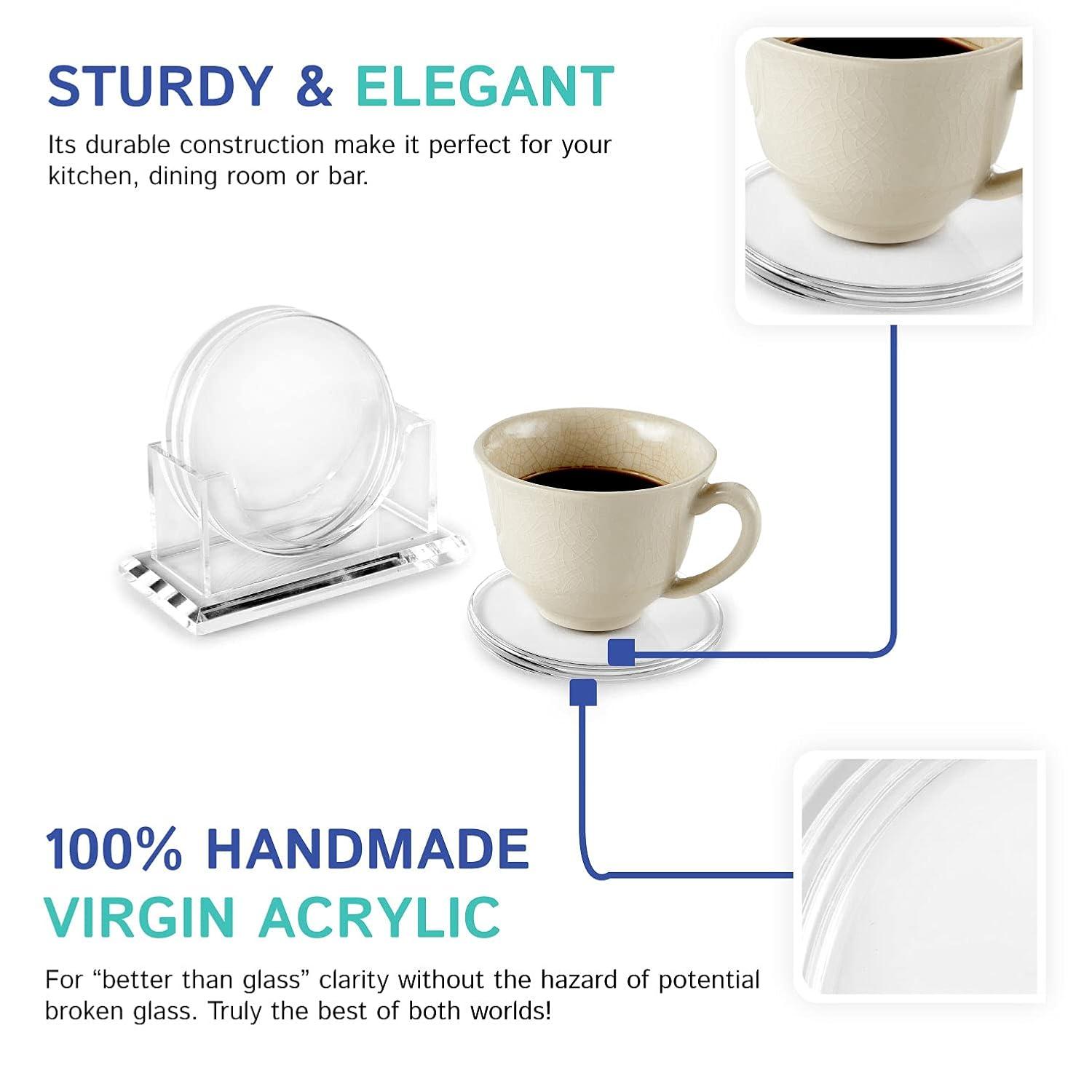 Juvale Set of 4 Clear Blank Acrylic Drink Coasters with Stand Holder, Round 4 inch