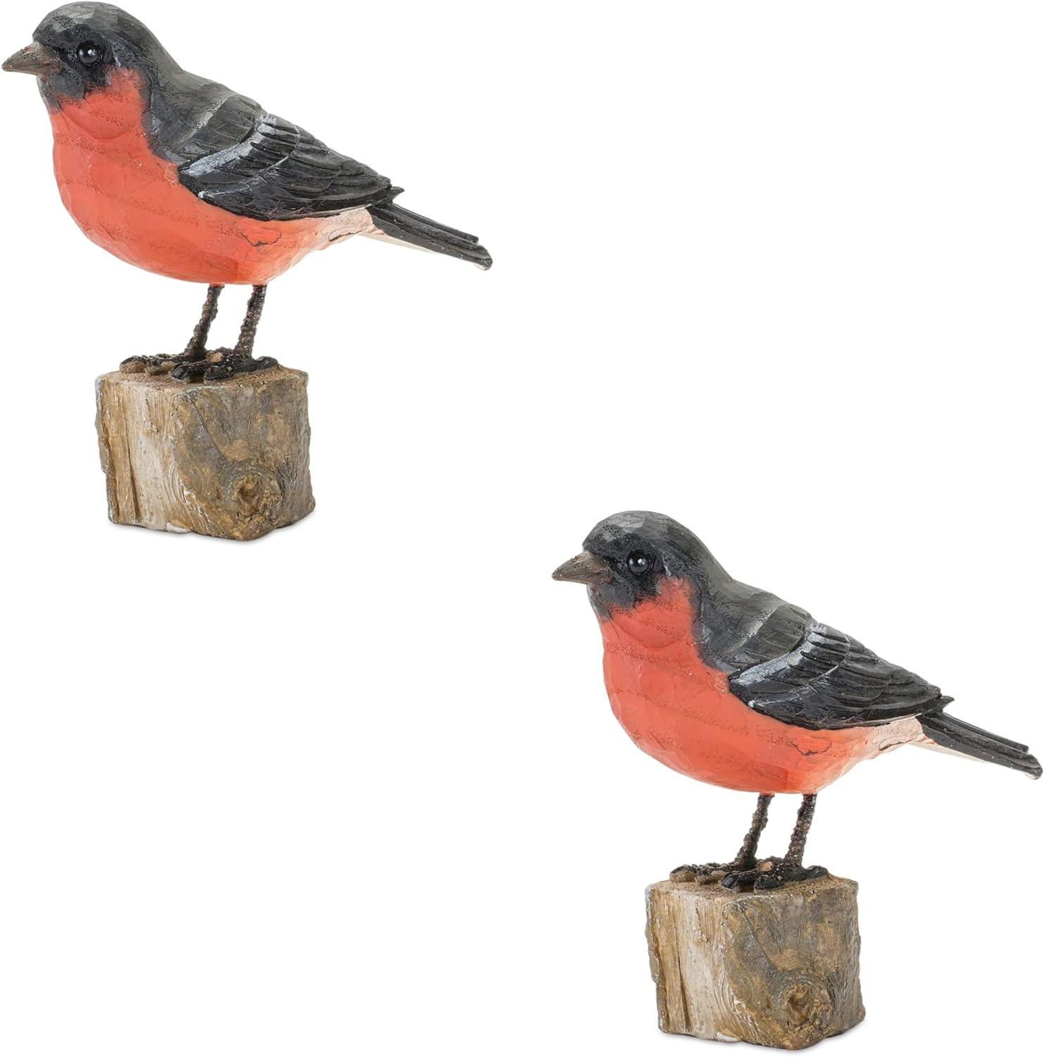 Spring Red and Black Resin Bird Figurines on Stump, Set of 2